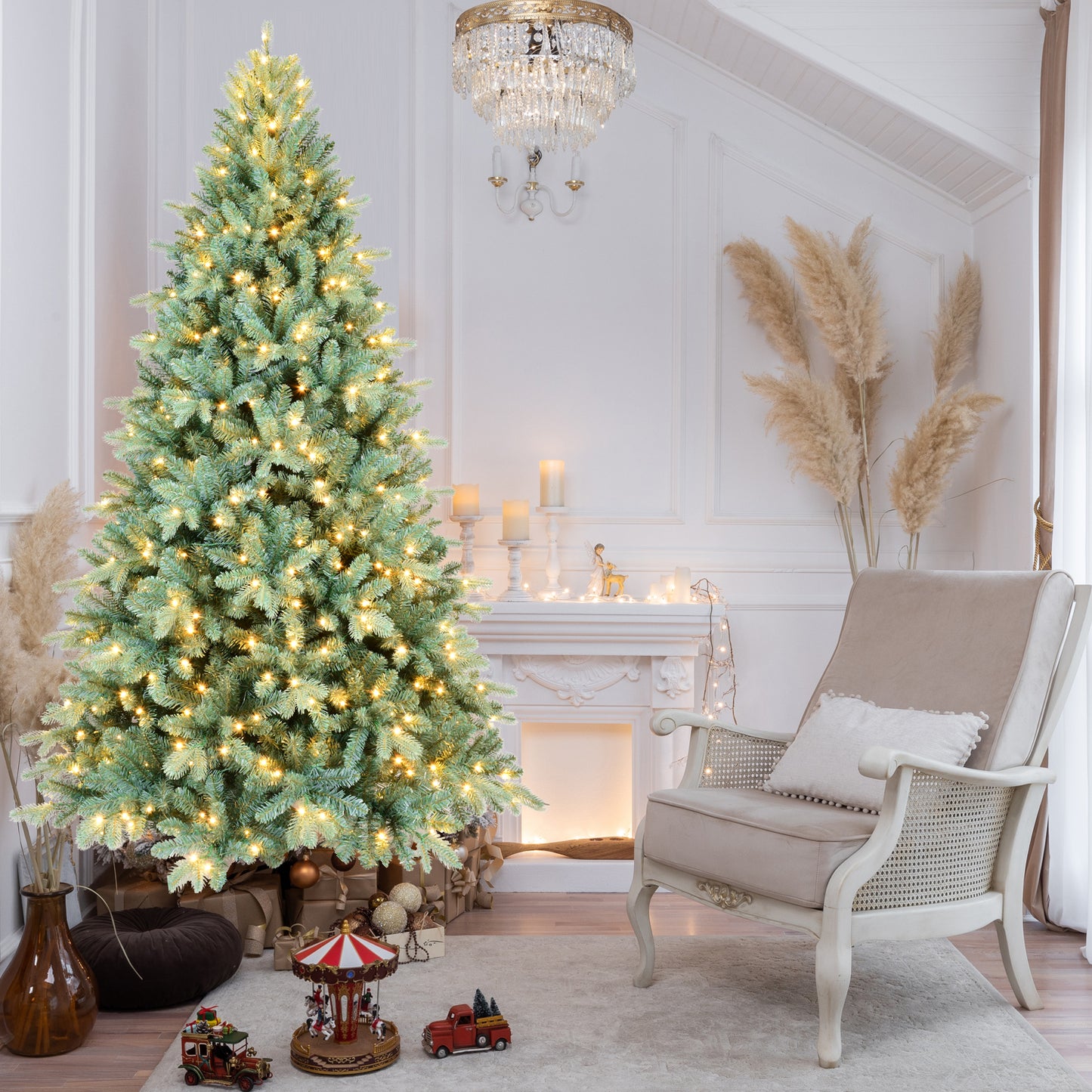 8FT Blue-Green Tint PE/PVC Christmas Tree with 650 Warm White LED Lights – 2458 Tips, Hinged Branch Design, Full Natural Look, Metal Stand, Easy Assembly Holiday Decoration