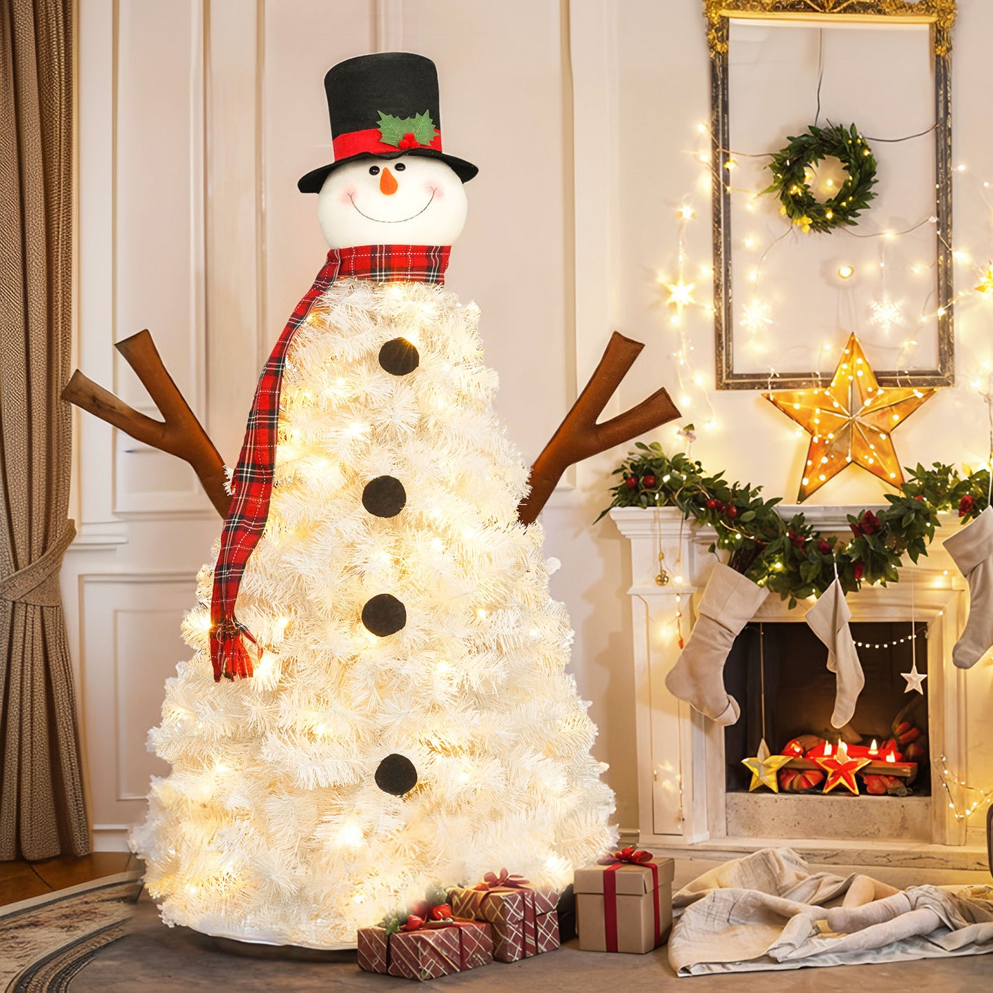 4ft Pre-lit Christmas Tree with 100 Lights, Snowman-Shaped Artificial Christmas Tree, Xmas Tree with 380 Branch Tips, PVC Festival Celebration Decoration Inside and Outside