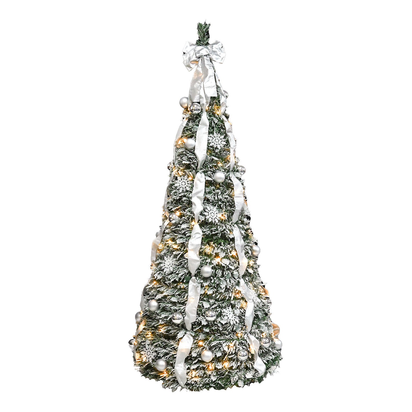 6FT Flocked Pop-Up Christmas Tree with 150 Warm White UL Lights – Pre-Decorated with Ornaments, Snowflakes, Ribbons & Large Bow – Easy Assembly & Space-Saving Holiday Décor