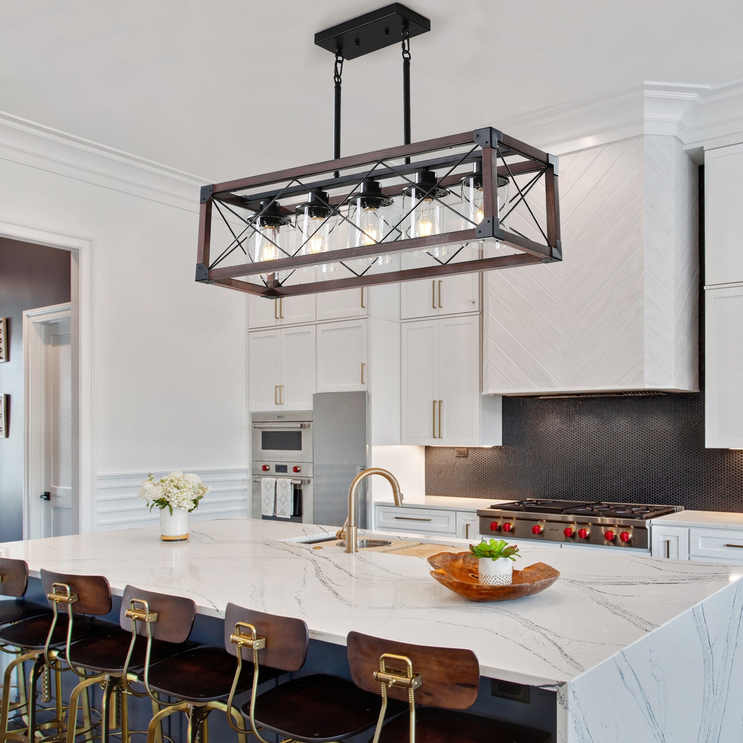32' Red Wood Industrial Farmhouse Rectangle Pendant Light, 5-Light Chandelier with Lampshade for Dining Room, Kitchen Island, Cafe Decor (No Bulbs)