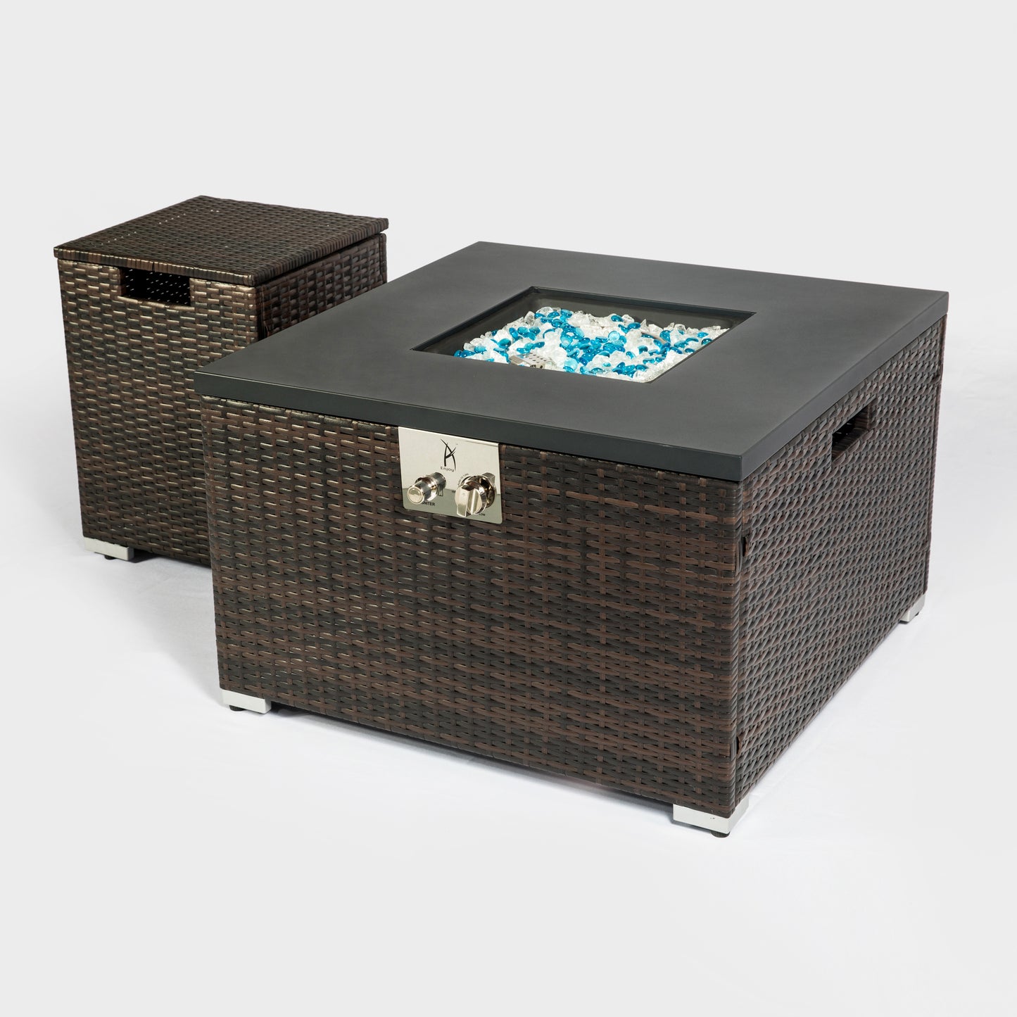 32' Propane Gas Fire Pit Table with Propane Tank Cover, 50000 BTU Square Steel Fire Pit with Beautiful Wicker Base for Outside Patio Deck Garden Backyard-Black