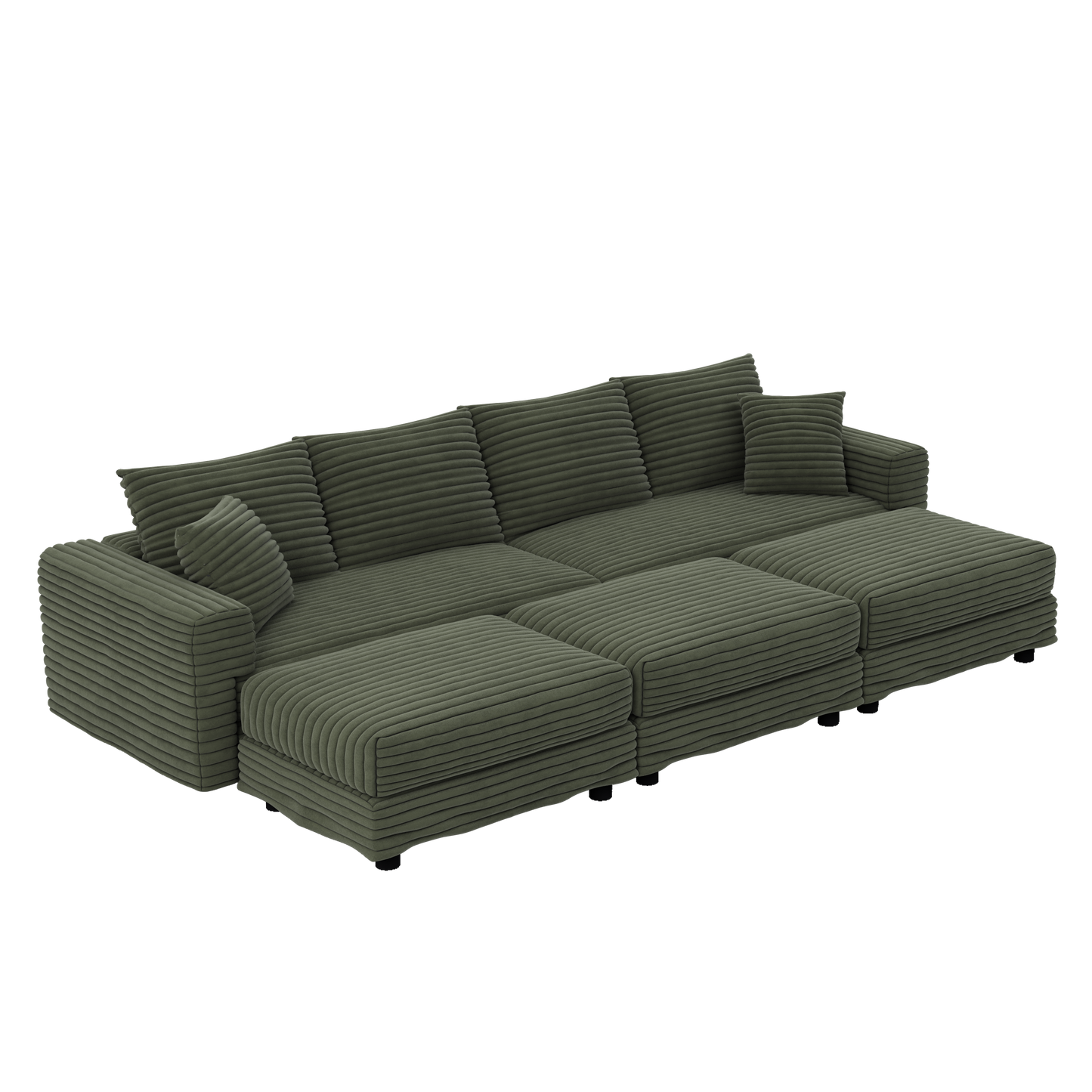104.3 ' Plush Corduroy 4-Seat Sofa, Modern Comfy Upholstered Sofa Cloud Couch, Deep Seat Couches with Soft Pillows and 3 Ottomans, Convertible Sofa Lounge Chair, for Living Room,Apartment,Office,Green