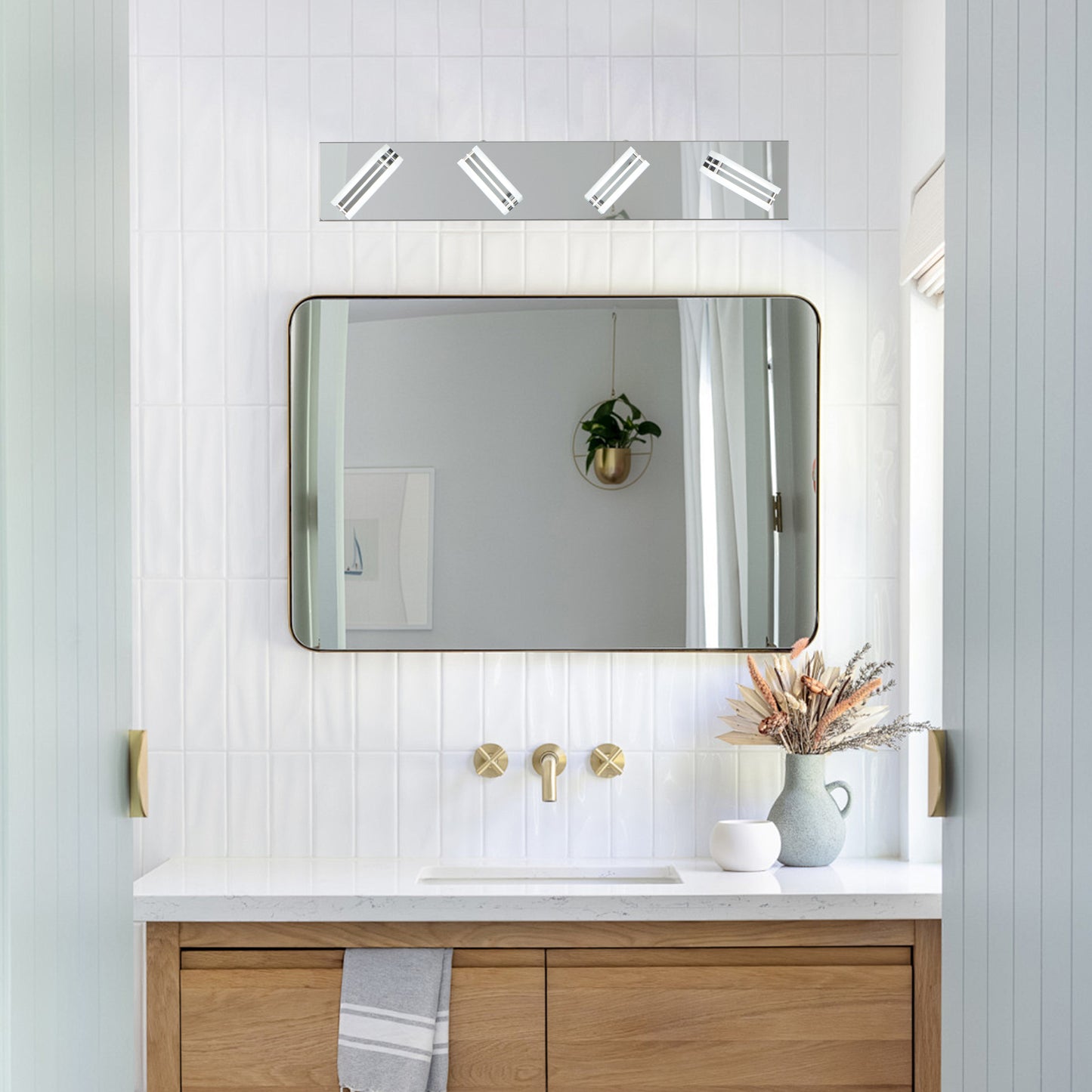 26' Modern Chrome 4-Light LED Vanity Light, Square Acrylic Lampshades Wall Mount Fixture for Bathroom, Mirror Lighting