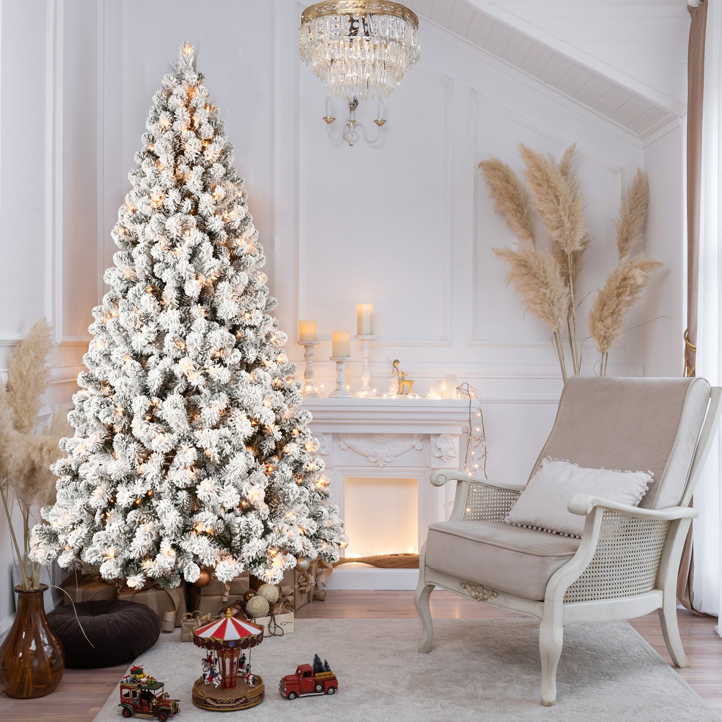 5ft Flocked Pre-Lit Christmas Tree with 200 UL Warm White Lights, 551 PVC Tips, Auto-Unfold Memory Wire, Easy Assembly & Stable Metal Stand – Snowy Holiday Decor