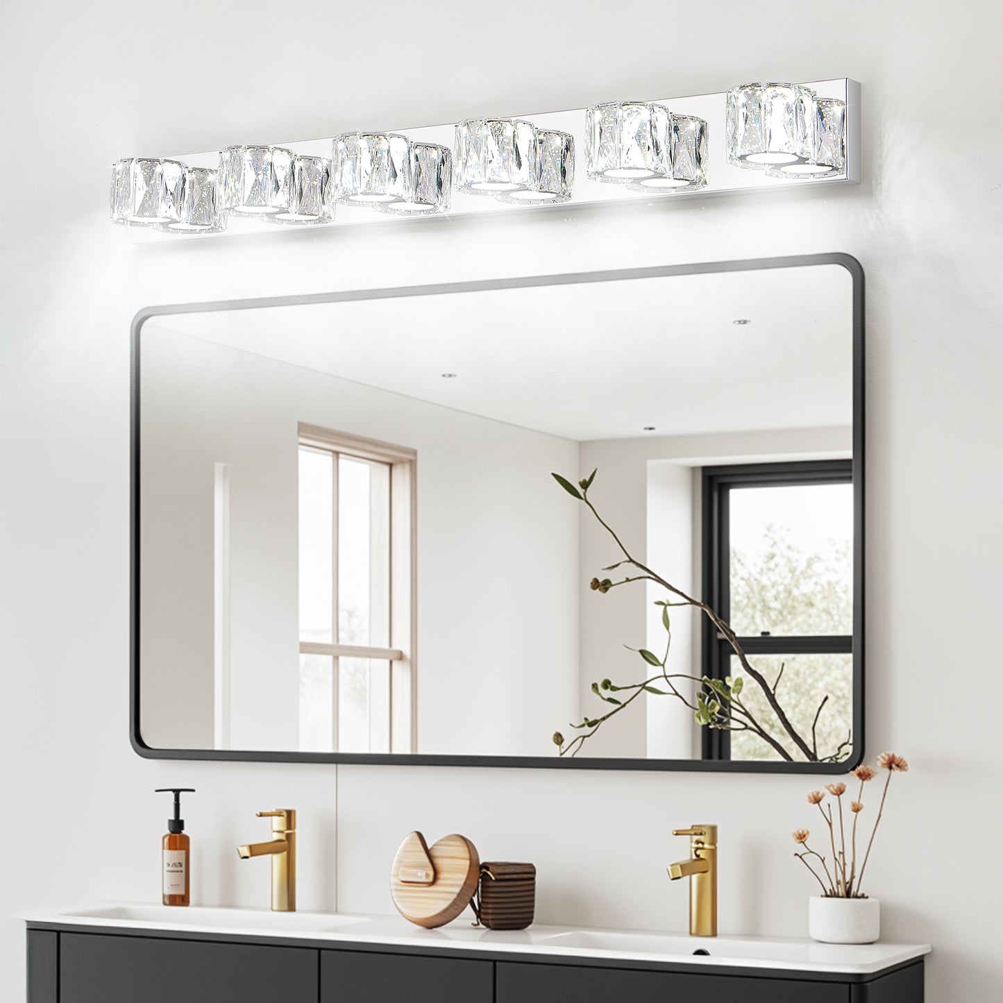 41' Modern Crystal 6-Light LED Wall Sconce – Elegant Chrome Bathroom Vanity Light with Clear Crystal Shades for Bathroom, Bedroom, or Hallway