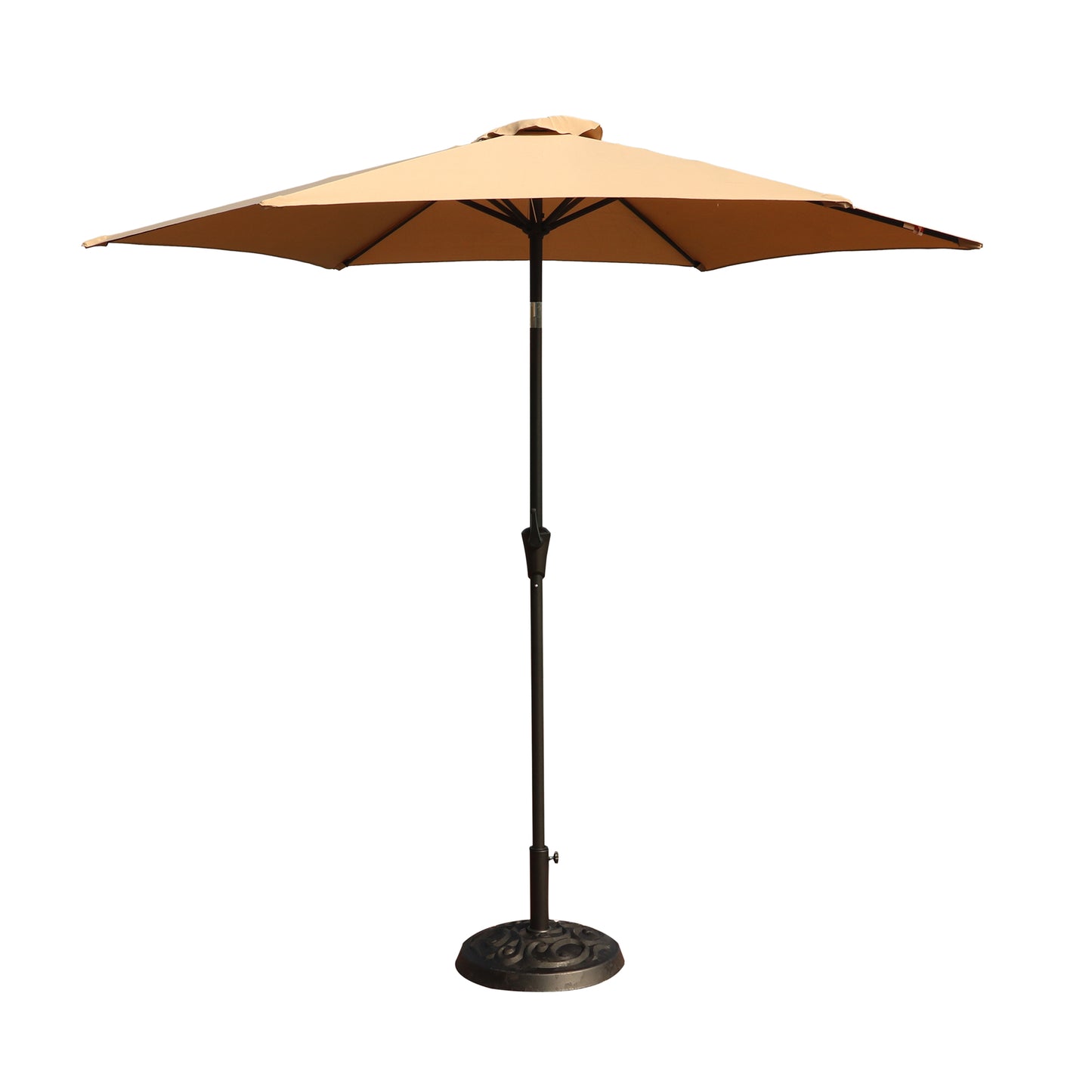 Outdoor Aluminum Patio Umbrella with Round Resin Base, Push Button Tilt and Crank Lift, Taupe