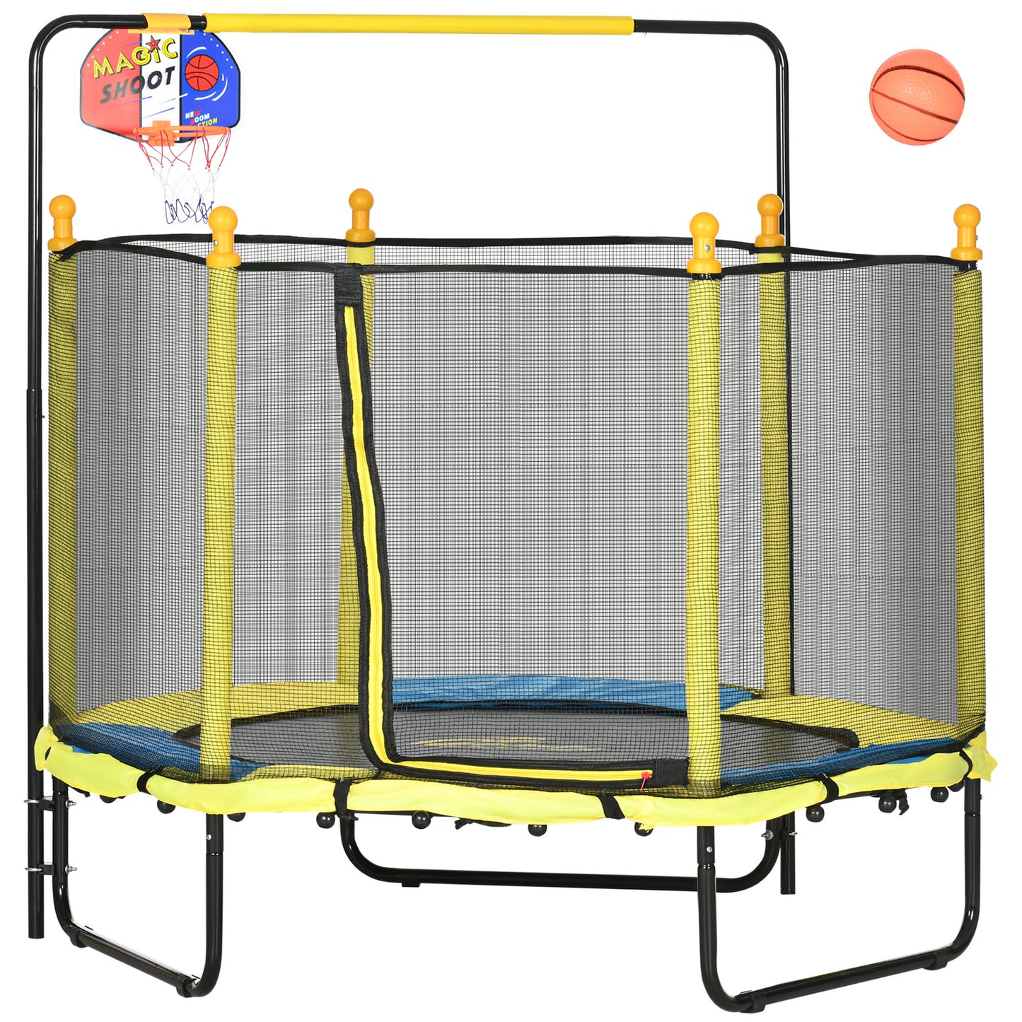 Qaba 4.6' Kids Trampoline with Basketball Hoop, Horizontal Bar, 55' Indoor Trampoline with Net, Small Springfree Trampoline Gifts for Kids Toys, Ages 3-10, Yellow