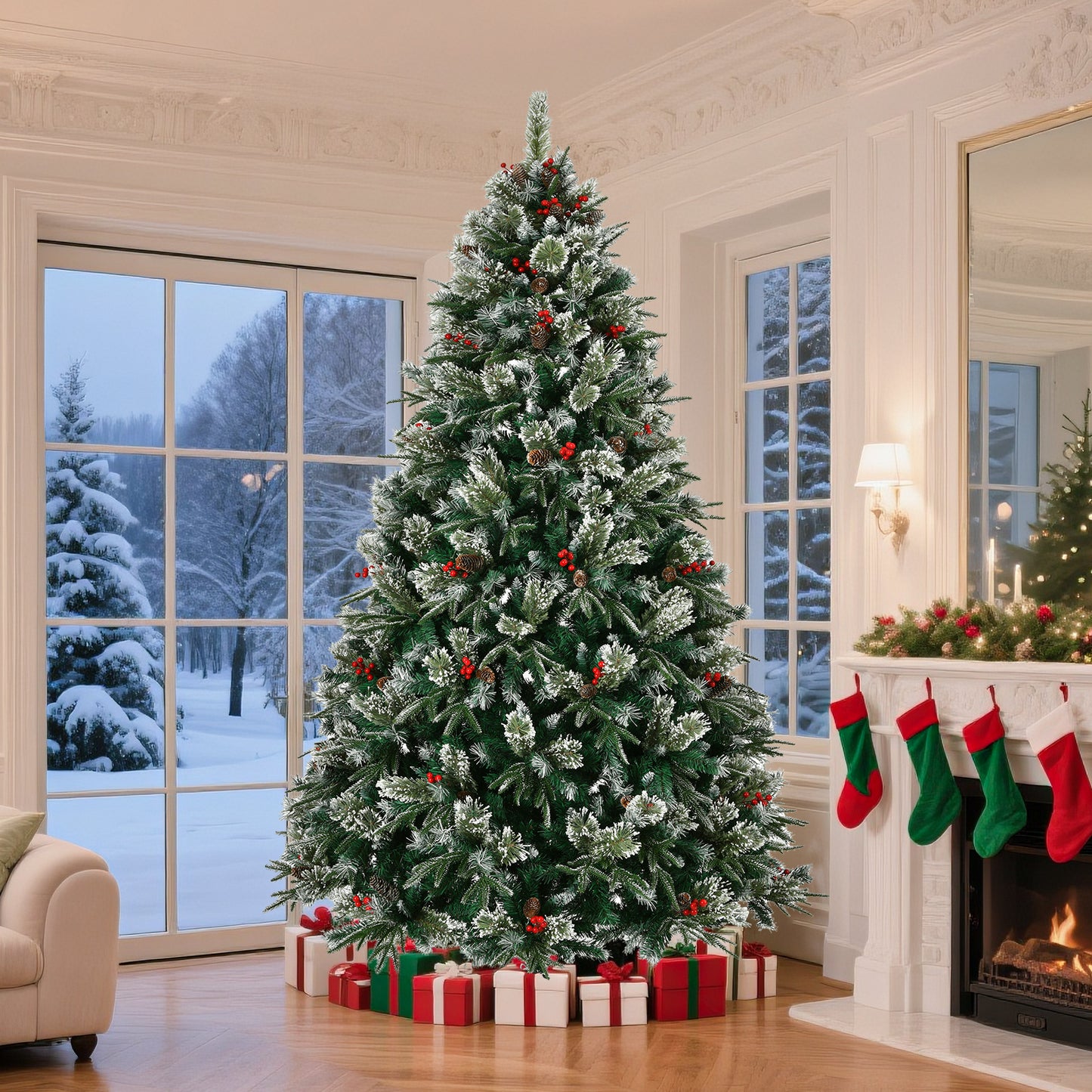 Artificial Christmas Tree 8Ft PE Mixed PVC Pine Snow Frosted Xmas Tree Pre-Decorated Christmas Tree with 1550 Tips Pinecones & Berries Metal Stand, Easy Assembly for Home, Office, Holiday