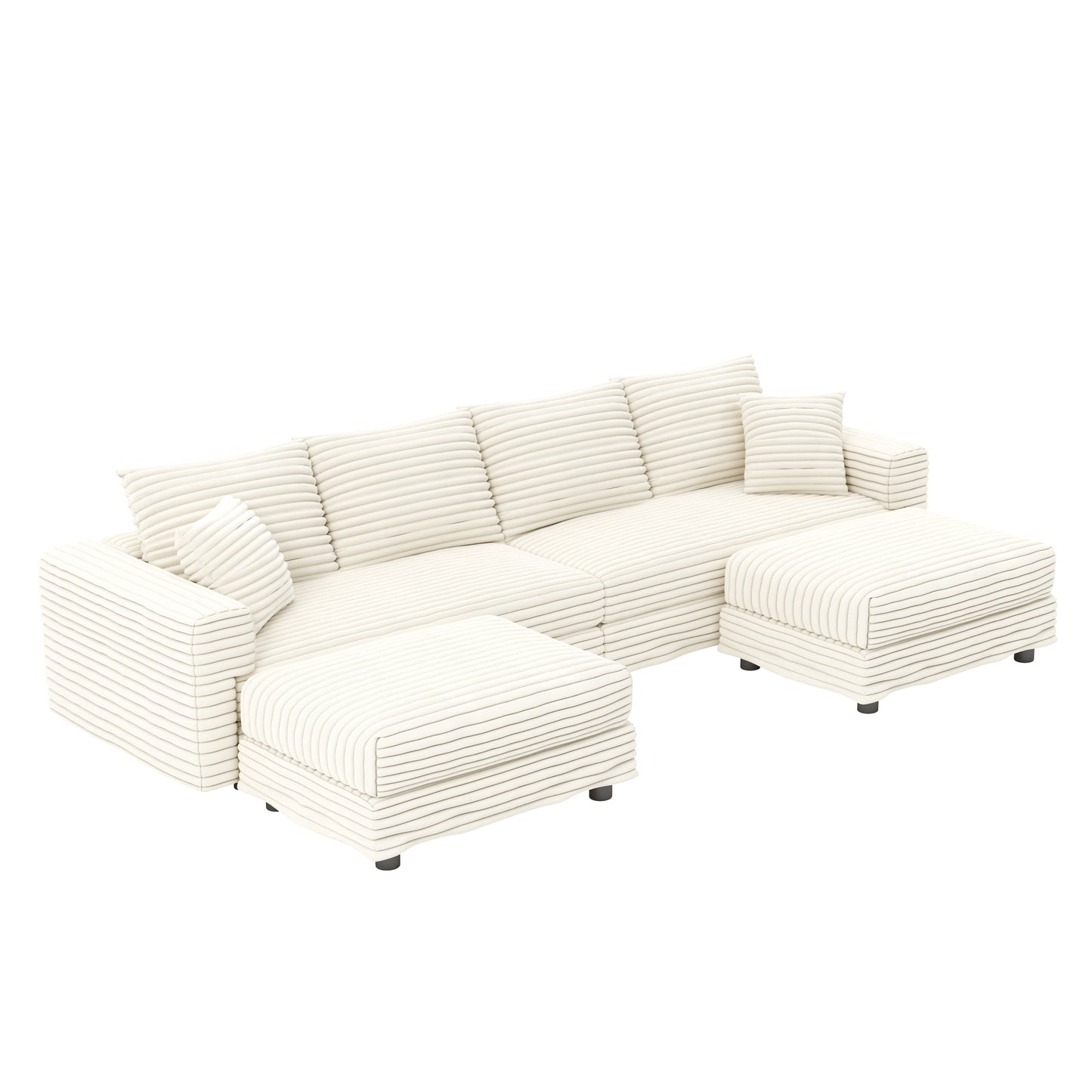 104.3 ' Plush Corduroy 4-Seat Sofa, Modern Comfy Upholstered Sofa Cloud Couch, Deep Seat Couches with Soft Pillows and 2 Ottomans, Convertible Sofa Lounge Chair, for Living Room,Apartment,Office,Beige