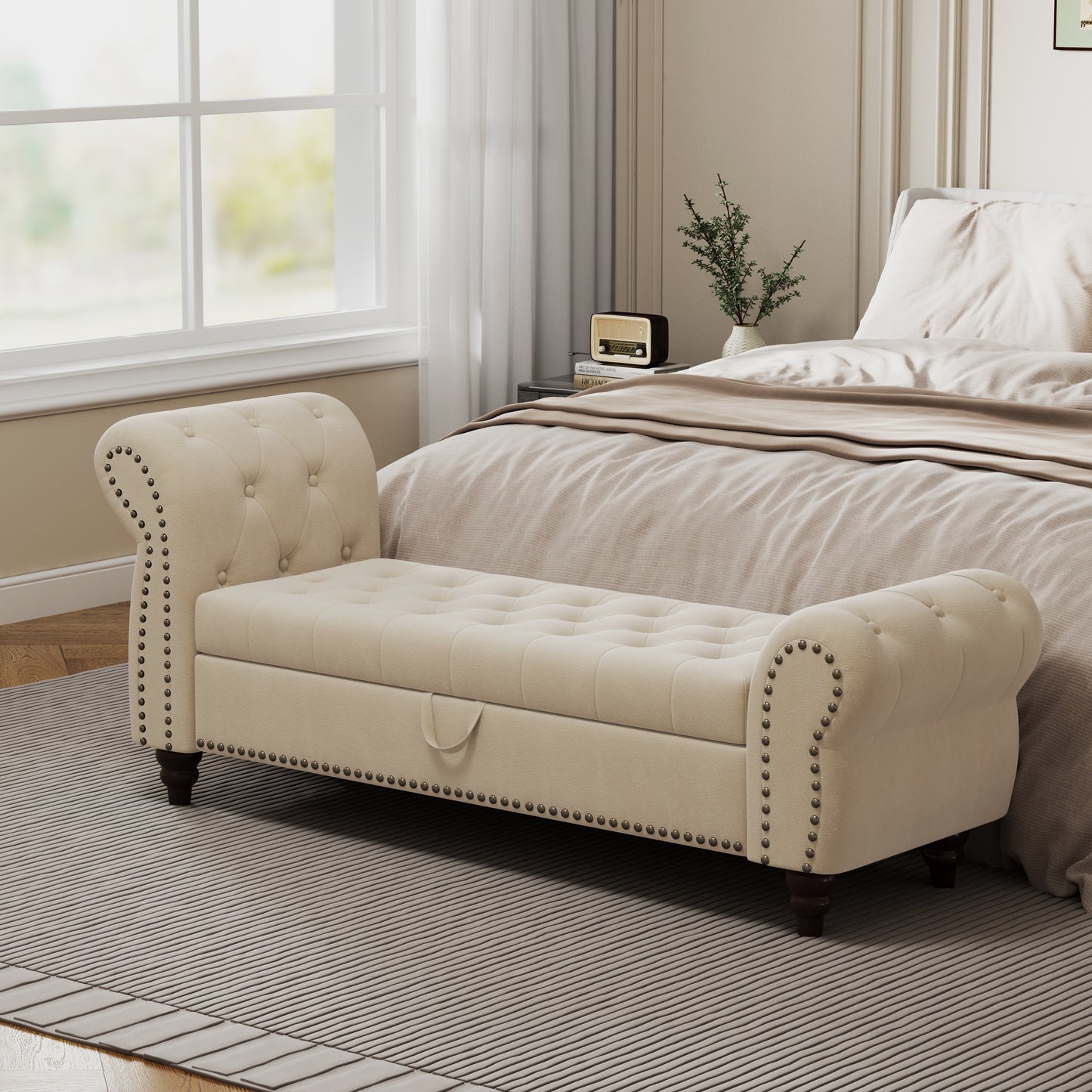 64.5' Bed Bench for Bed Room Nails Tufted Chaise of Lounge with Storage Velvet Upholstery Beige