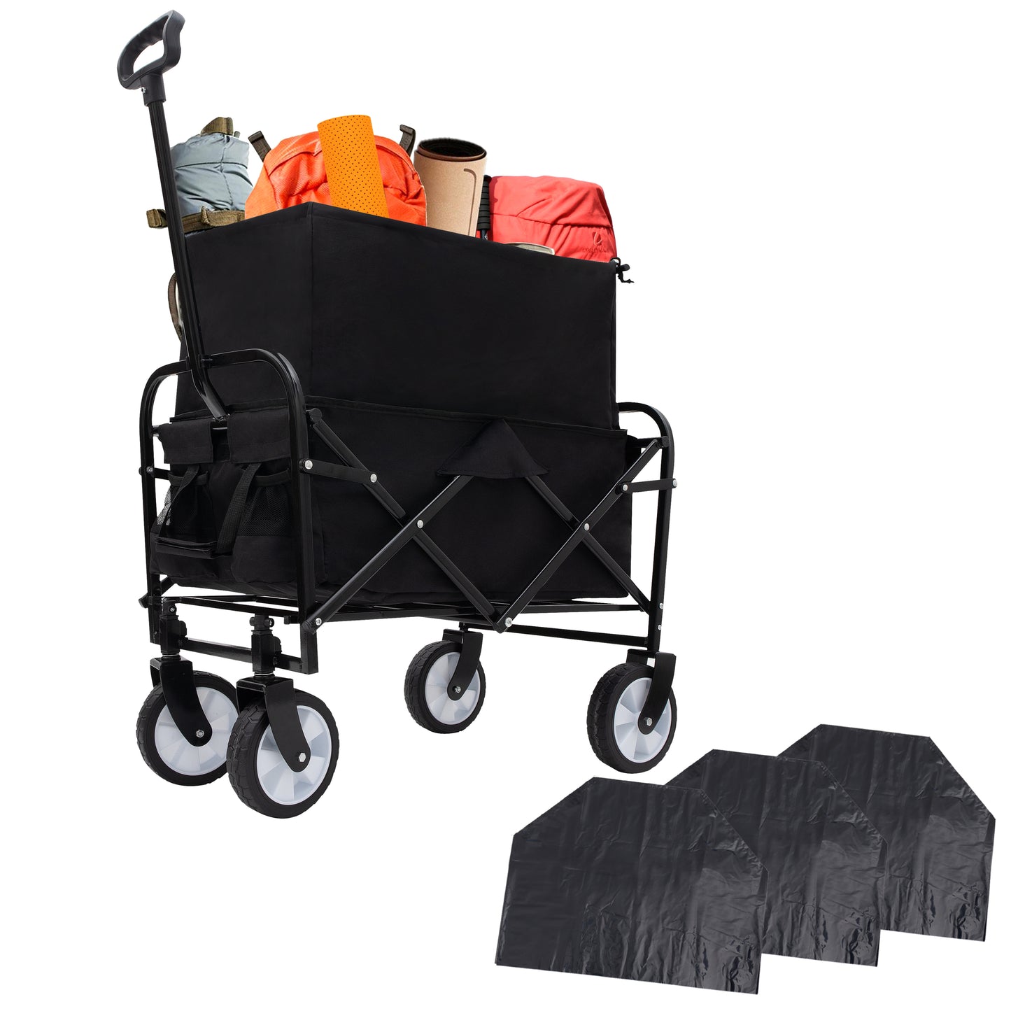 Minimeetall Multi-use Bag Collapsible Foldable Wagon Cart Beach Wagon Heavy Duty Utility Cart Utility Wagon Grocery Cart for for Camping ,3pcs plastic Liner bag /Cover ,black