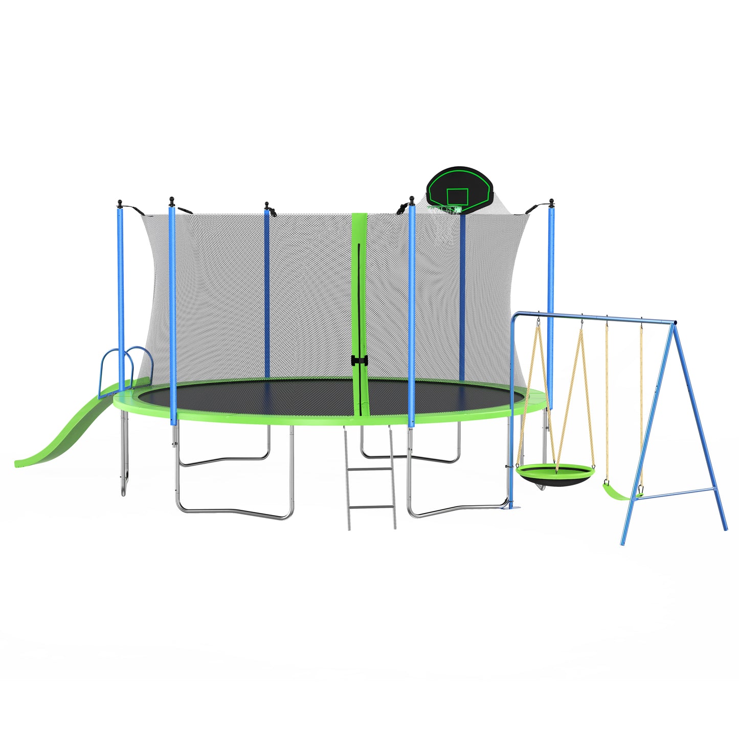 12FT Trampoline with Slide and Swings(Double color cover), Trampoline with Basketball Hoop and Ladder,Outdoor Backyard Trampoline with Net, Capacity for Kids and Adults