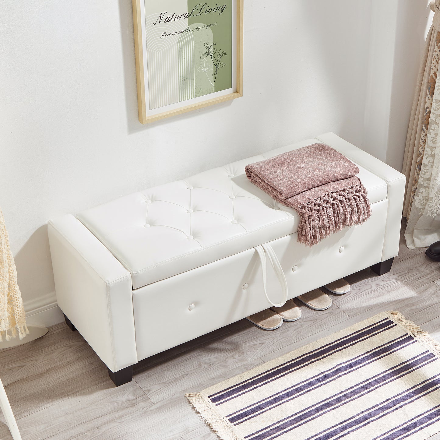 48' Ottoman Bench with Storage, Bench for Bedroom,Living Room,Hallway, Upholstered Tufted Faux Leather PU Ottoman Ivory White