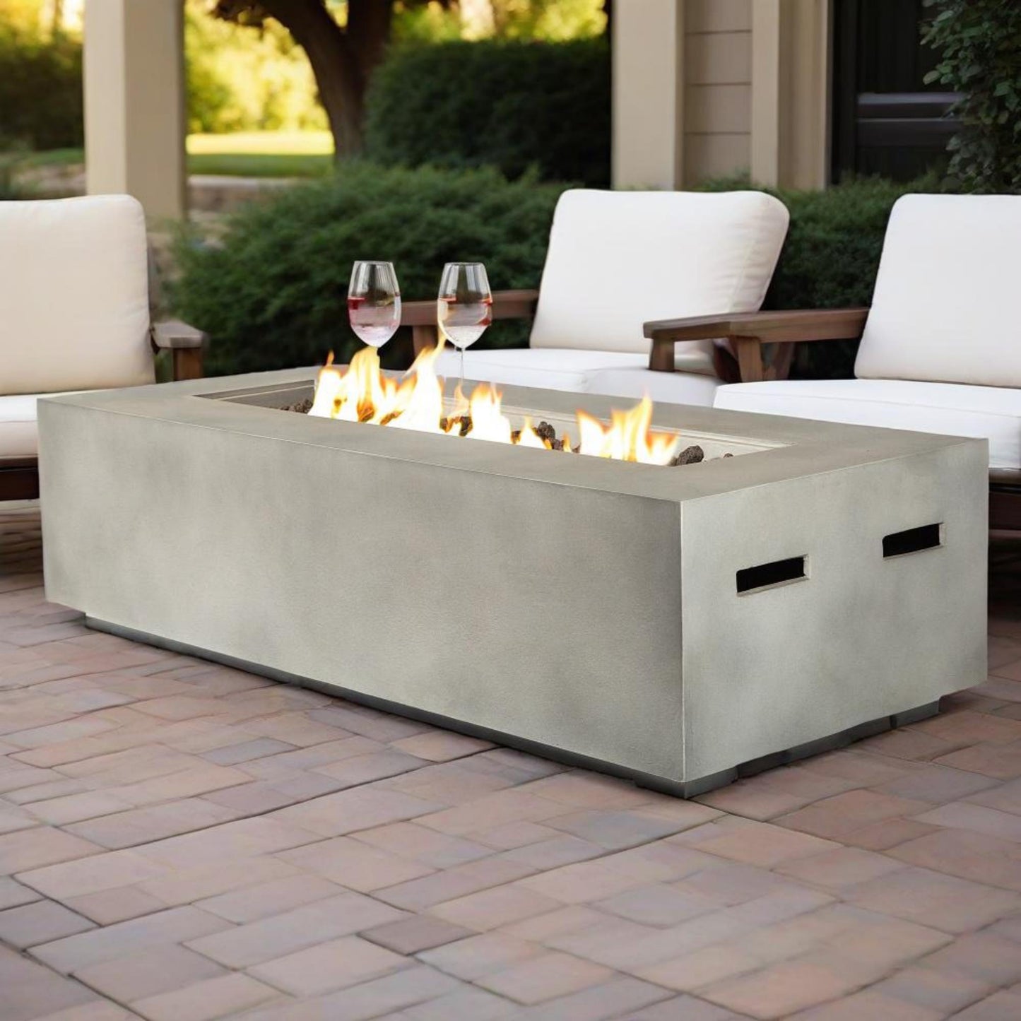 56' Propane Gas Fire Pit Table, 50000 BTU Rectangular Concrete Fire Pit for Outside Patio Deck Garden Backyard- Light Gray
