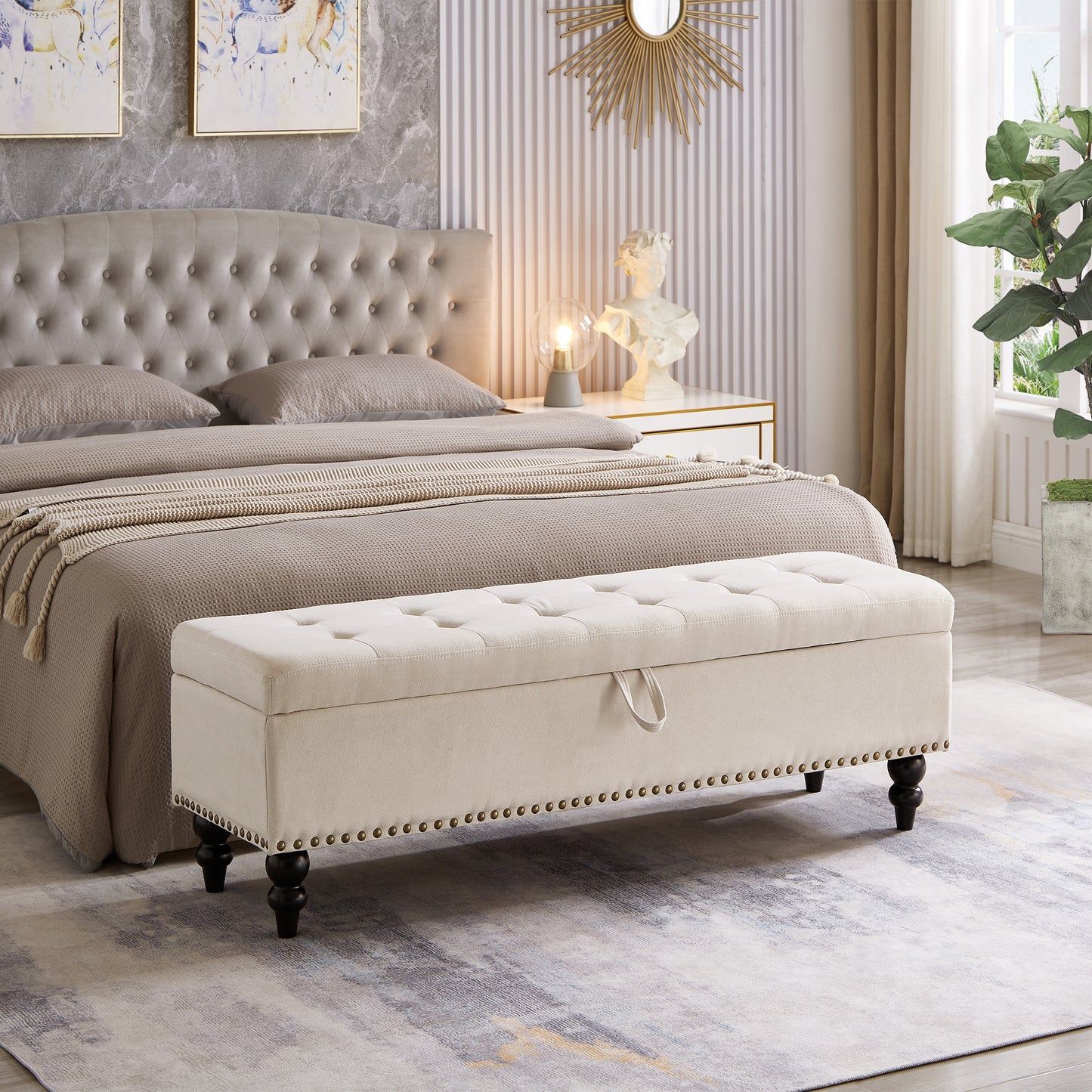 59' Bed Bench Ottoman with Storage Beige Fabric