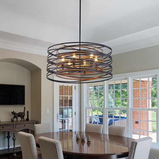 24' Rustic Industrial Pendant Light, 6-Light Black and Walnut Metal Cage Chandelier with Wood Accents for Kitchen Island and Dining Room (No Bulbs)