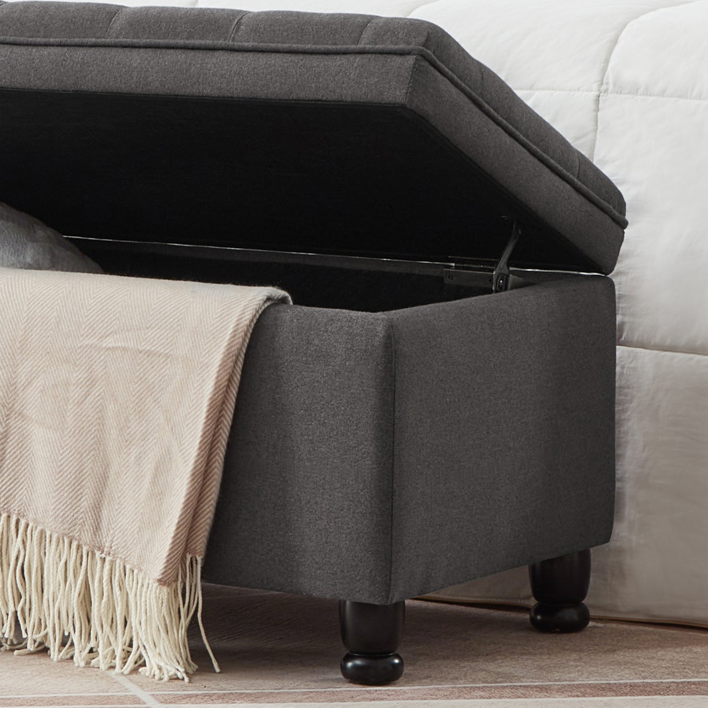 Upholstered tufted button storage bench ,Linen fabric entry bench with spindle wooden legs, Bed bench- Dark Gray