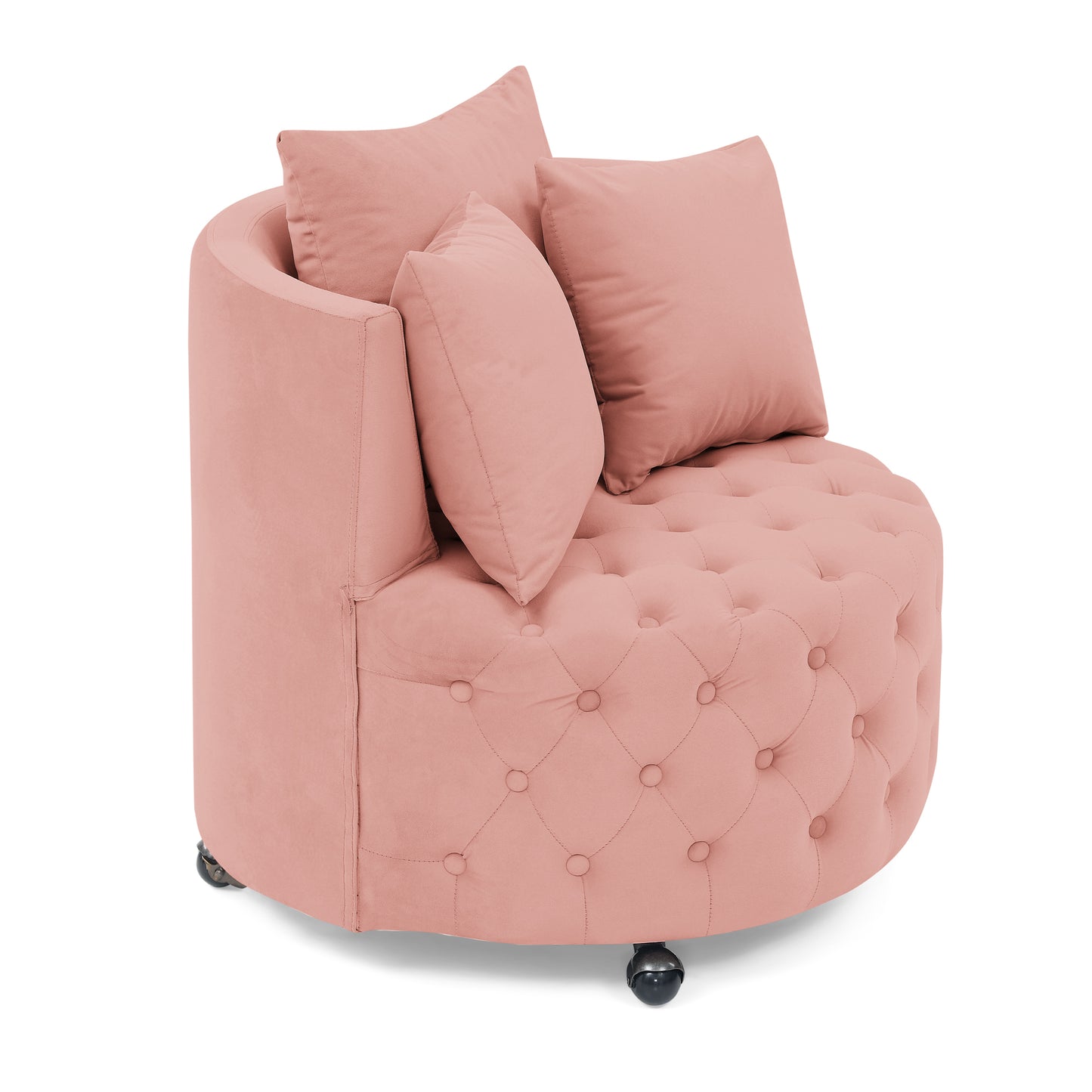 Silla giratoria tapizada en terciopelo para sala de estar, con diseño de botones y ruedas móviles, incluye 3 almohadas, rosa