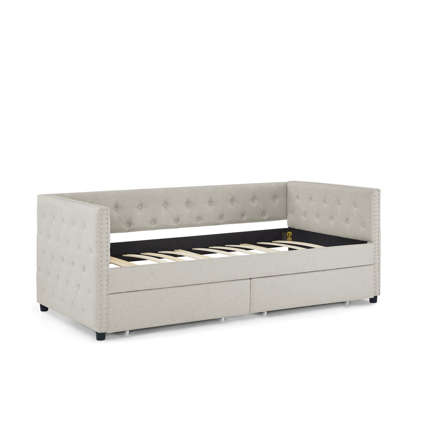 Upholstered Twin Size Daybed with Two Drawers, with Button and Copper Nail on Square Arms, Beige (82.75''x43''x30.75'')