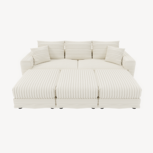 82.7 ' Plush Corduroy 3-Seat Sofa, Modern Comfy Upholstered Sofa Cloud Couch, Deep Seat Couches with Soft Pillows and 3 Ottomans, Convertible Sofa Lounge Chair, for Living Room,Apartment,Office,Beige