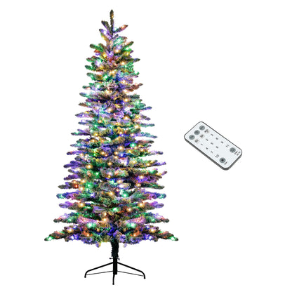 HOMCOM 7.5 ft Pre-Lit Mountain Pine Artificial Christmas Tree, Snow Flocked Christmas Tree, Hinged Xmas Tree with 500 LED Lights and 1264 Branch Tips for Holiday Party Decoration, Green