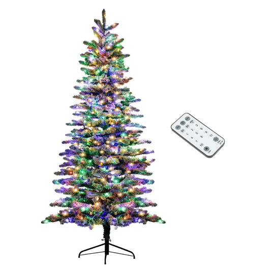 HOMCOM 7.5 ft Pre-Lit Mountain Pine Artificial Christmas Tree, Snow Flocked Christmas Tree, Hinged Xmas Tree with 500 LED Lights and 1264 Branch Tips for Holiday Party Decoration, Green