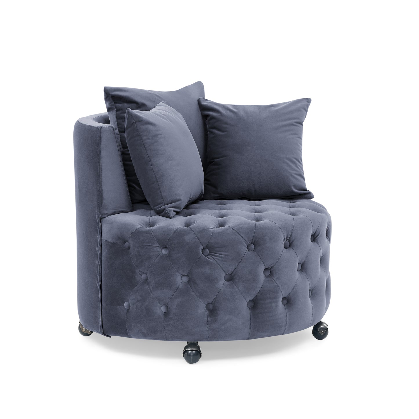 Velvet Upholstered Swivel Chair for Living Room, with Button Tufted Design and Movable Wheels, Including 3 Pillows, Grey