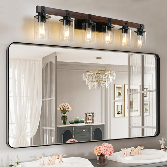 42' Rustic 6-Light Vanity Light, Industrial Bathroom Wall Sconce with Glass Shades and Wood Accent, Modern Farmhouse Lighting Fixture (No Bulbs)