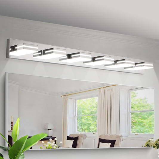 Modern Chrome LED Vanity Light, 6-Lights Wall Sconce for Bathroom and Mirror, Sleek Minimalist Design, Energy-Efficient, Easy to Install