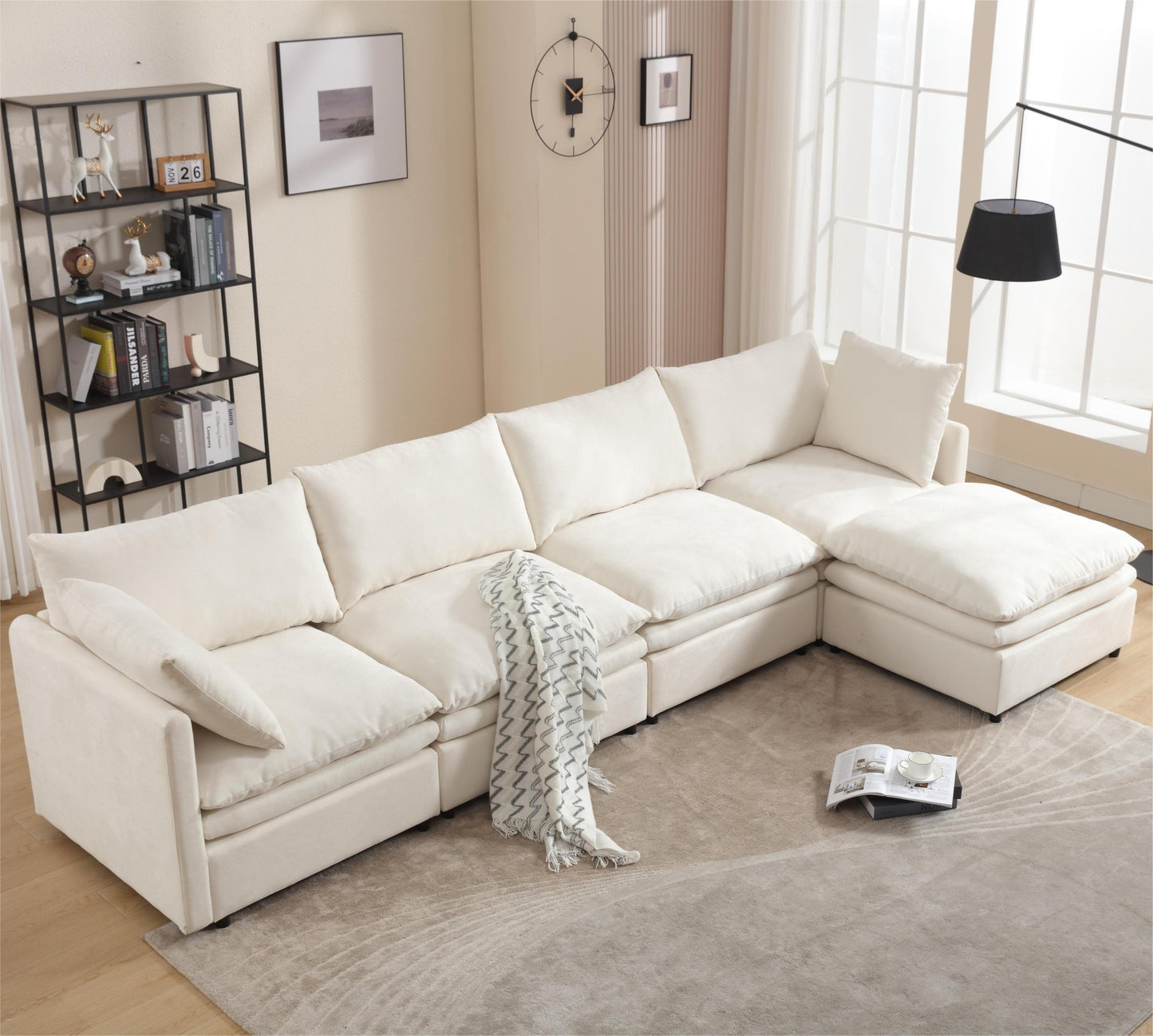 [VIDEO PROVIDED] Modern U-shaped Sectional Sofa ,5-seat Upholstered  Sofa Furniture,Sleeper Sofa Couch with Chaise Lounge for Living Room,Apartment,Beige, Polyester