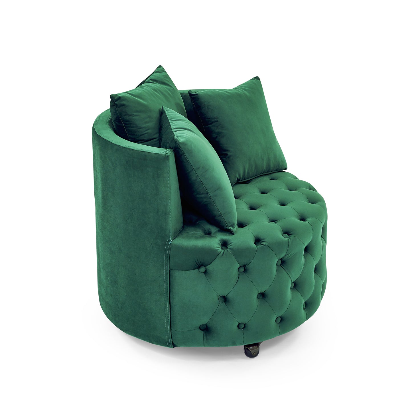 Silla giratoria tapizada en terciopelo para sala de estar, con diseño de botones y ruedas móviles, incluye 3 almohadas, verde