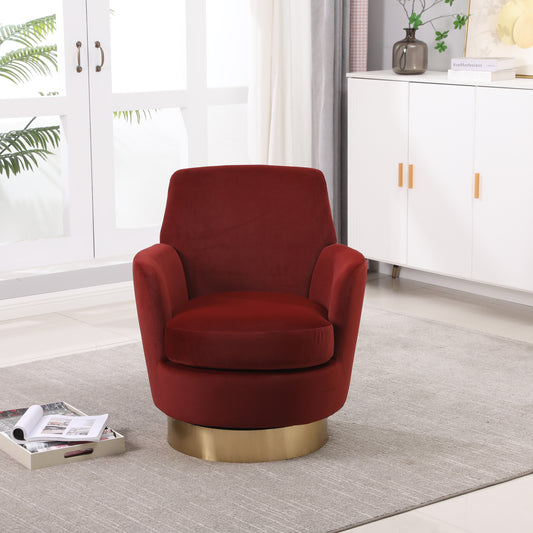 Velvet Swivel Barrel Chair, Swivel Accent Chairs Armchair for Living Room, Reading Chairs for Bedroom Comfy, Round Barrel Chairs with Gold Stainless Steel Base (Brownish red)