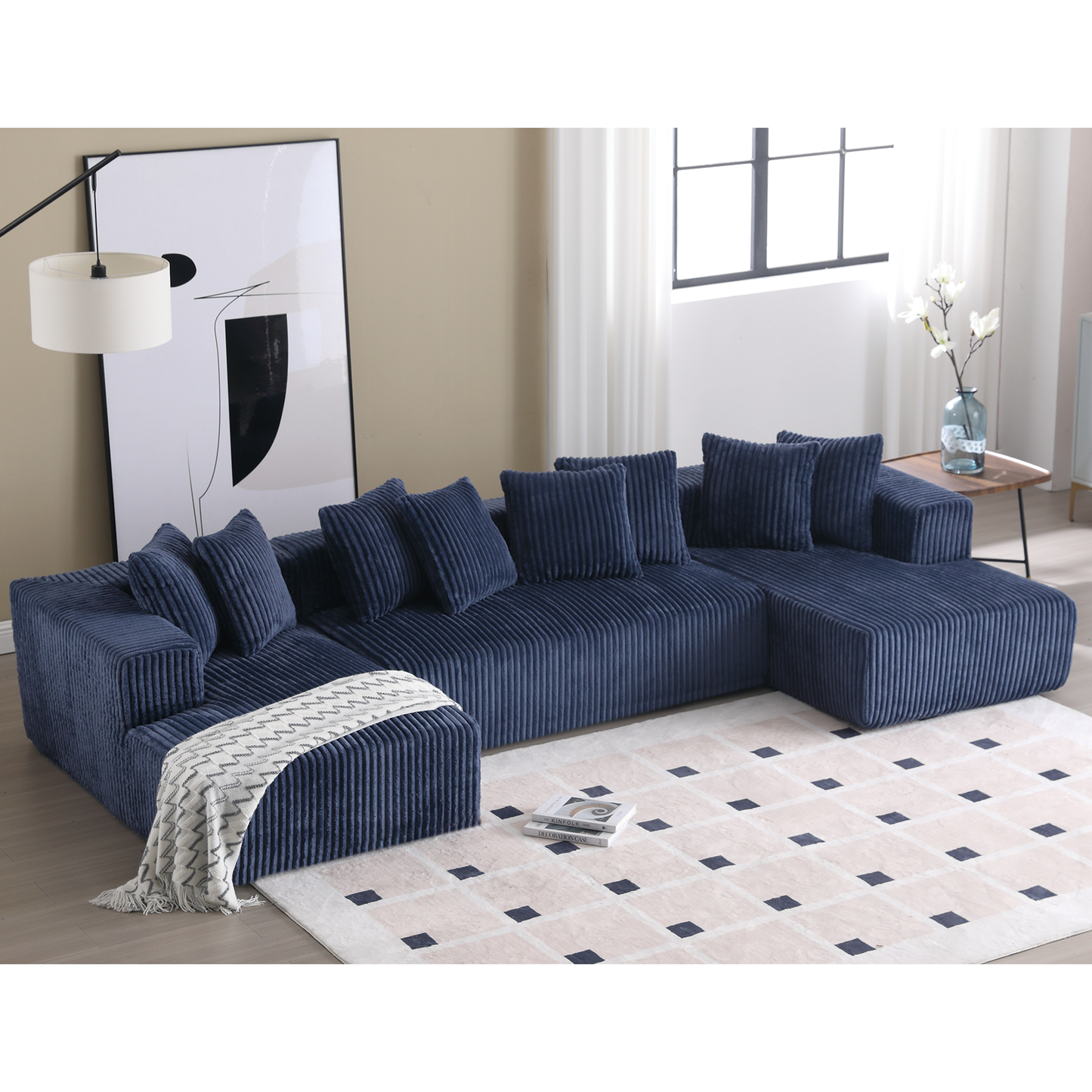 [NEW ARRIVED] [VIDEO PROVIDED]131'' Modular Sectional Couch, U-shaped sofa , Chaise Lounge, Striped fabric,Upholstered 4 Seater Couch for Living Room, Bedroom, Free Combination Sofa (Corduroy), Blue