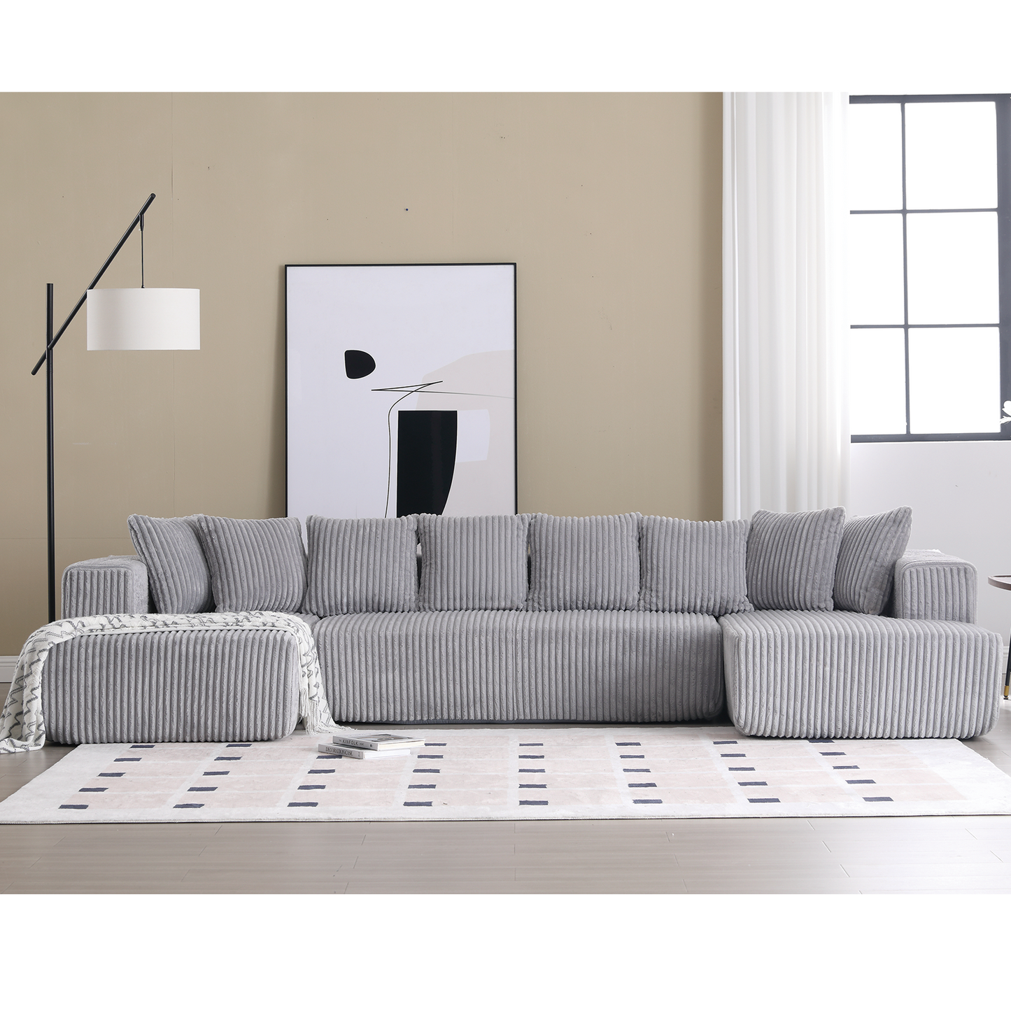 [NEW ARRIVED] [VIDEO PROVIDED]131'' Modular Sectional Couch, U-shaped sofa , Chaise Lounge, Striped fabric,Upholstered 4 Seater Couch for Living Room, Bedroom, Free Combination Sofa (Corduroy), Gray