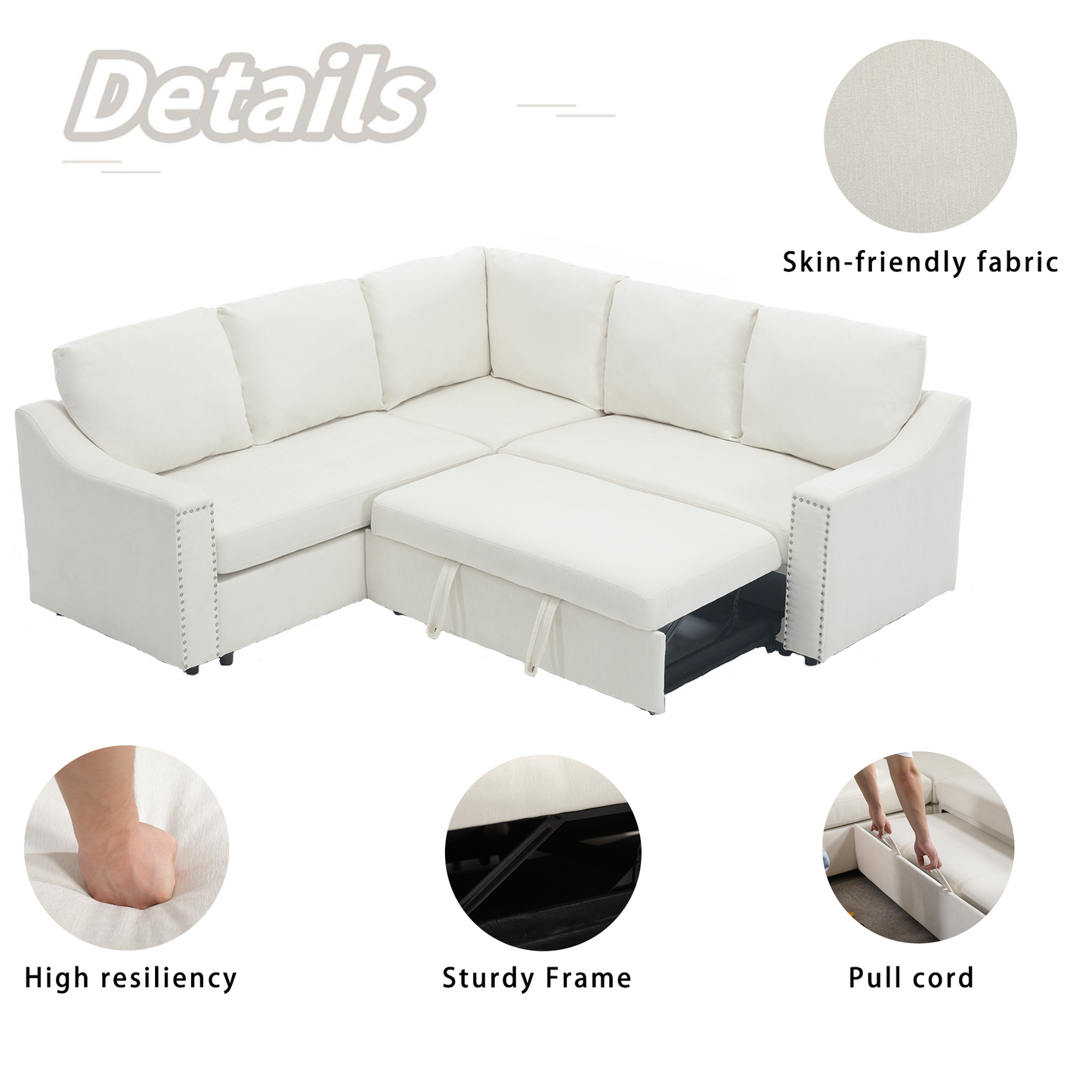 [NEW ARRIVED] [VIDEO PROVIDED]L-shaped sofa with pull-out sofa bed, Corner Sofa,comfortable living room furniture set, sleeper sofa bed,Corner seat for two with broaching sofa,Rivet DeChenille,Beige