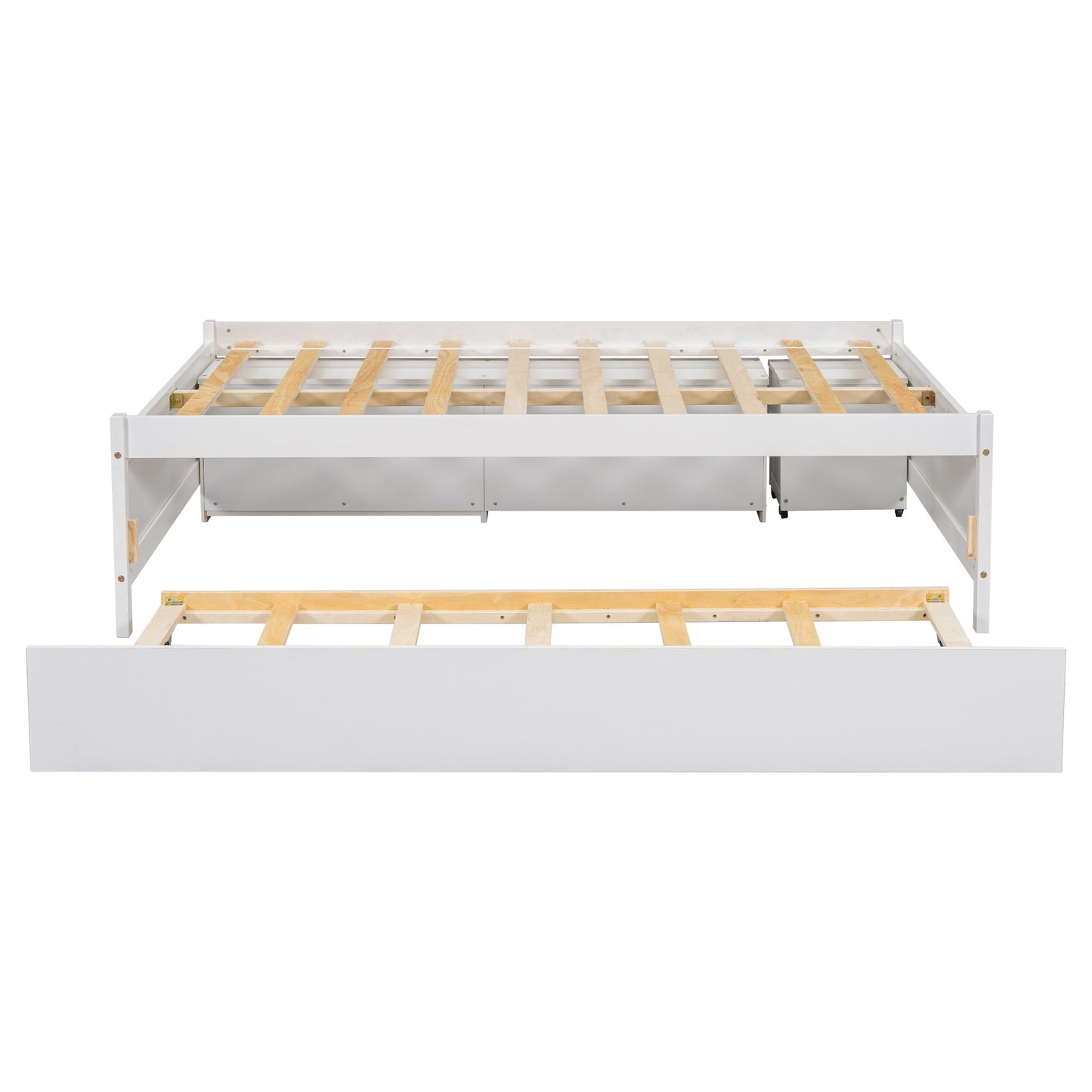 Cama completa versátil con nido, caja de almacenamiento debajo de la cama y mesita de noche. Blanco