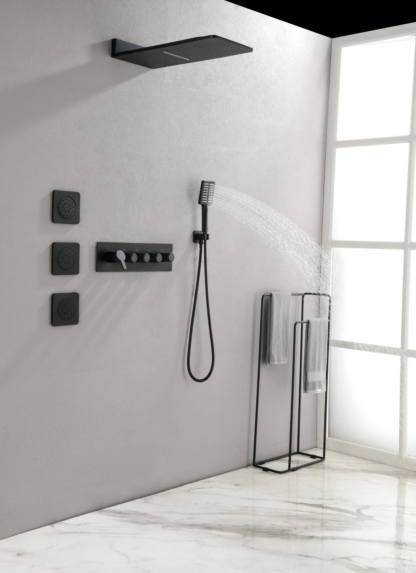 Wall Mounted Waterfall Rain Shower System With 3 Body Sprays & Handheld Shower