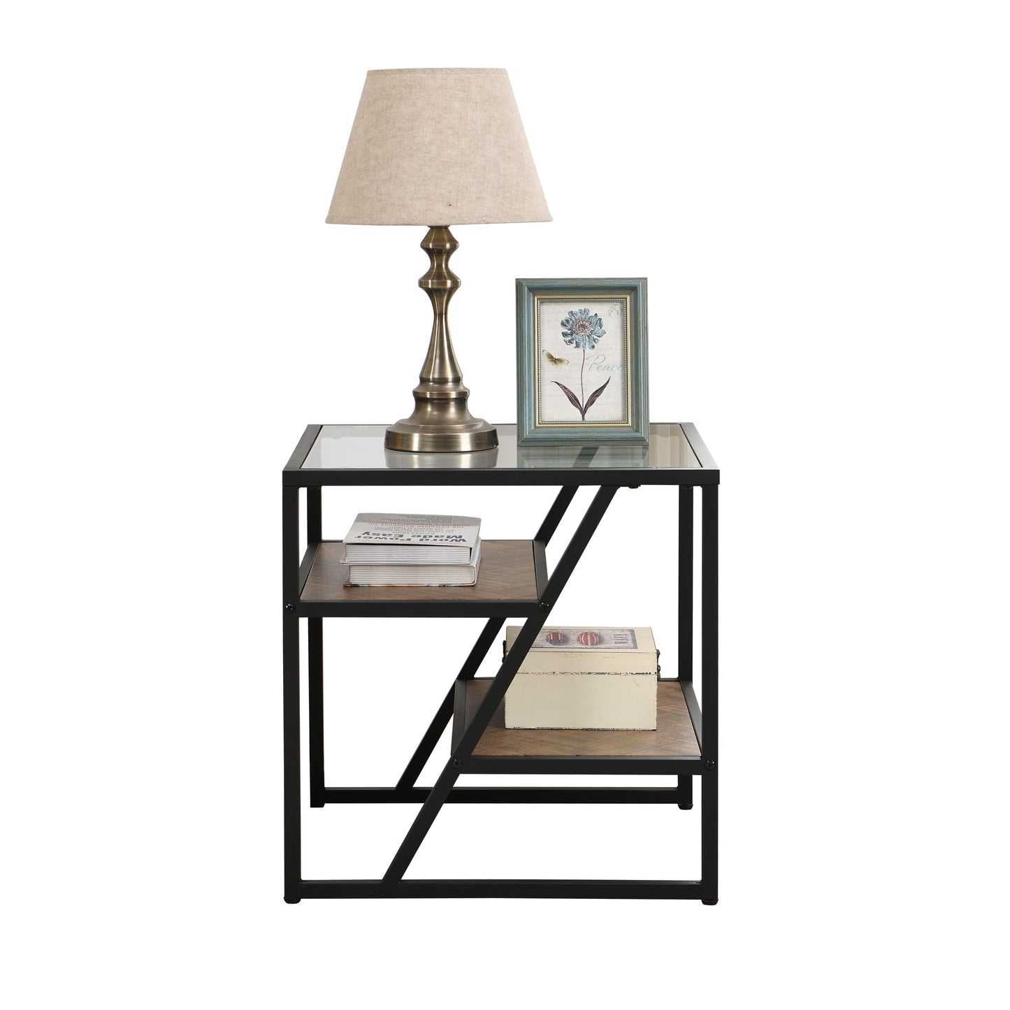 W107184311 Black Side Table, End Table with Storage Shelf, Tempered Glass Coffee Table with Metal Frame for Living Room&Bed Room