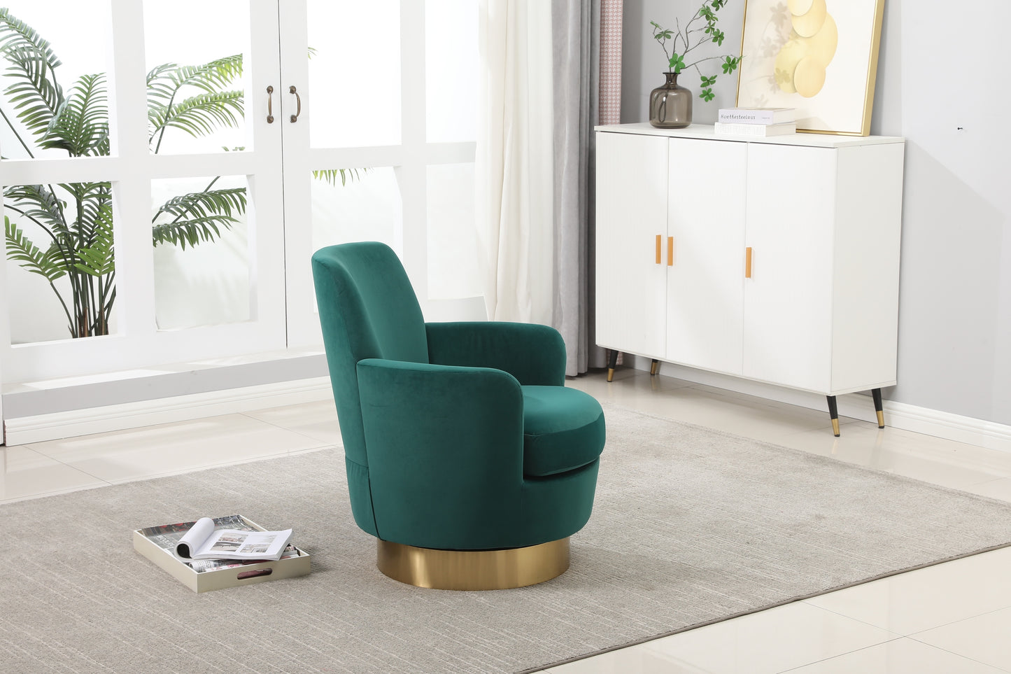 Velvet Swivel Barrel Chair, Swivel Accent Chairs Armchair for Living Room, Reading Chairs for Bedroom Comfy, Round Barrel Chairs with Gold Stainless Steel Base (Emerald)