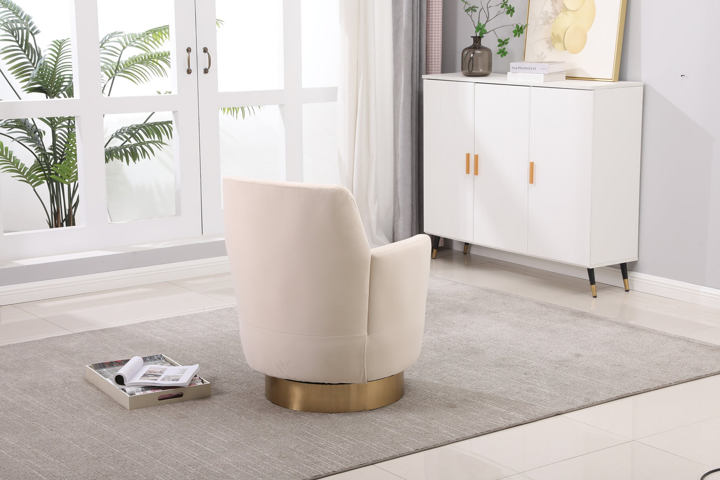 Silla giratoria de terciopelo, sillas giratorias decorativas, sillón para sala de estar, sillas de lectura para dormitorio, cómodas, sillas redondas con base de acero inoxidable dorado (beige)