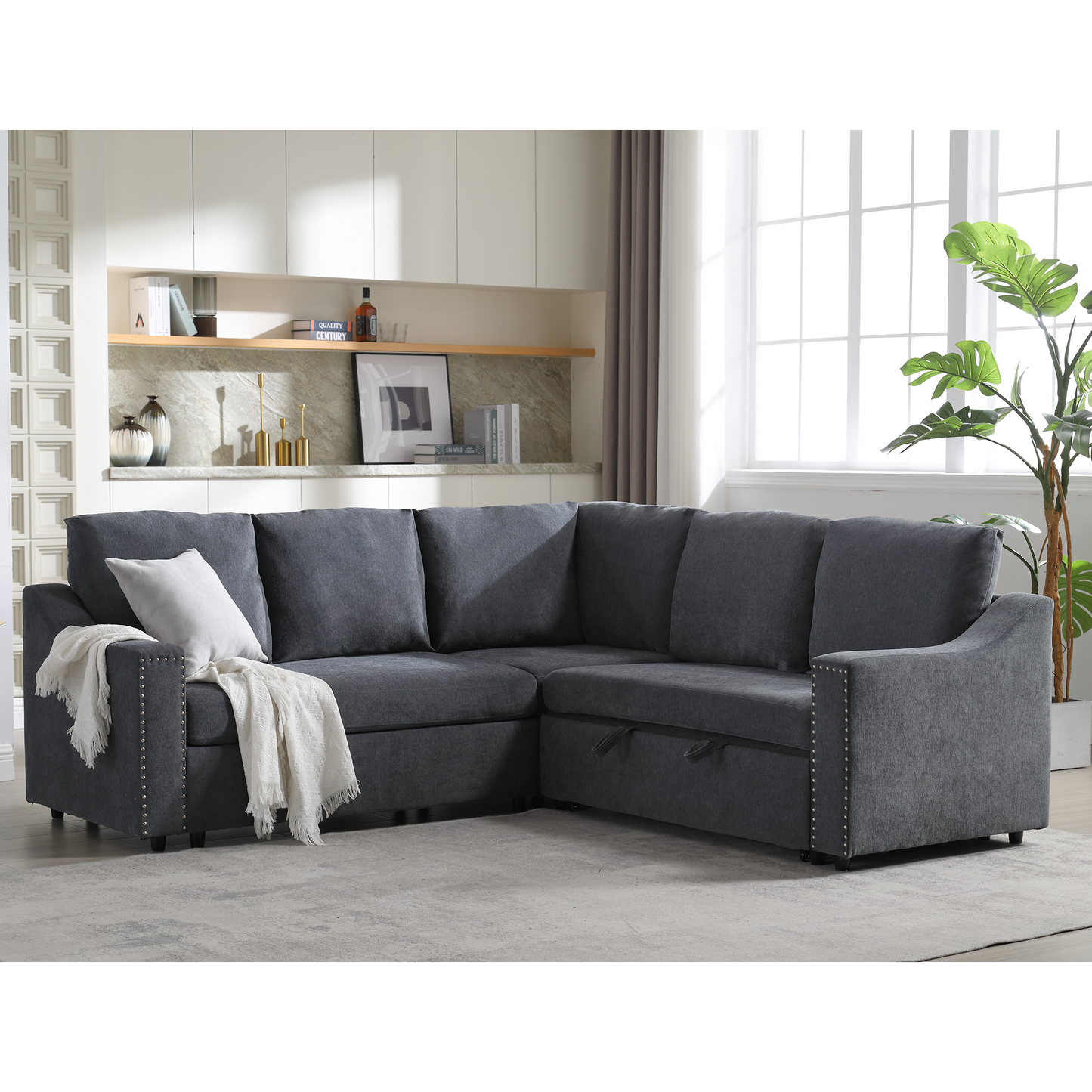 [NEW ARRIVED] [VIDEO PROVIDED]L-shaped sofa with pull-out sofa bed, Corner Sofa,comfortable living room furniture set, sleeper sofa bed,Corner seat for two with broaching sofa,Rivet DeChenille,Gray