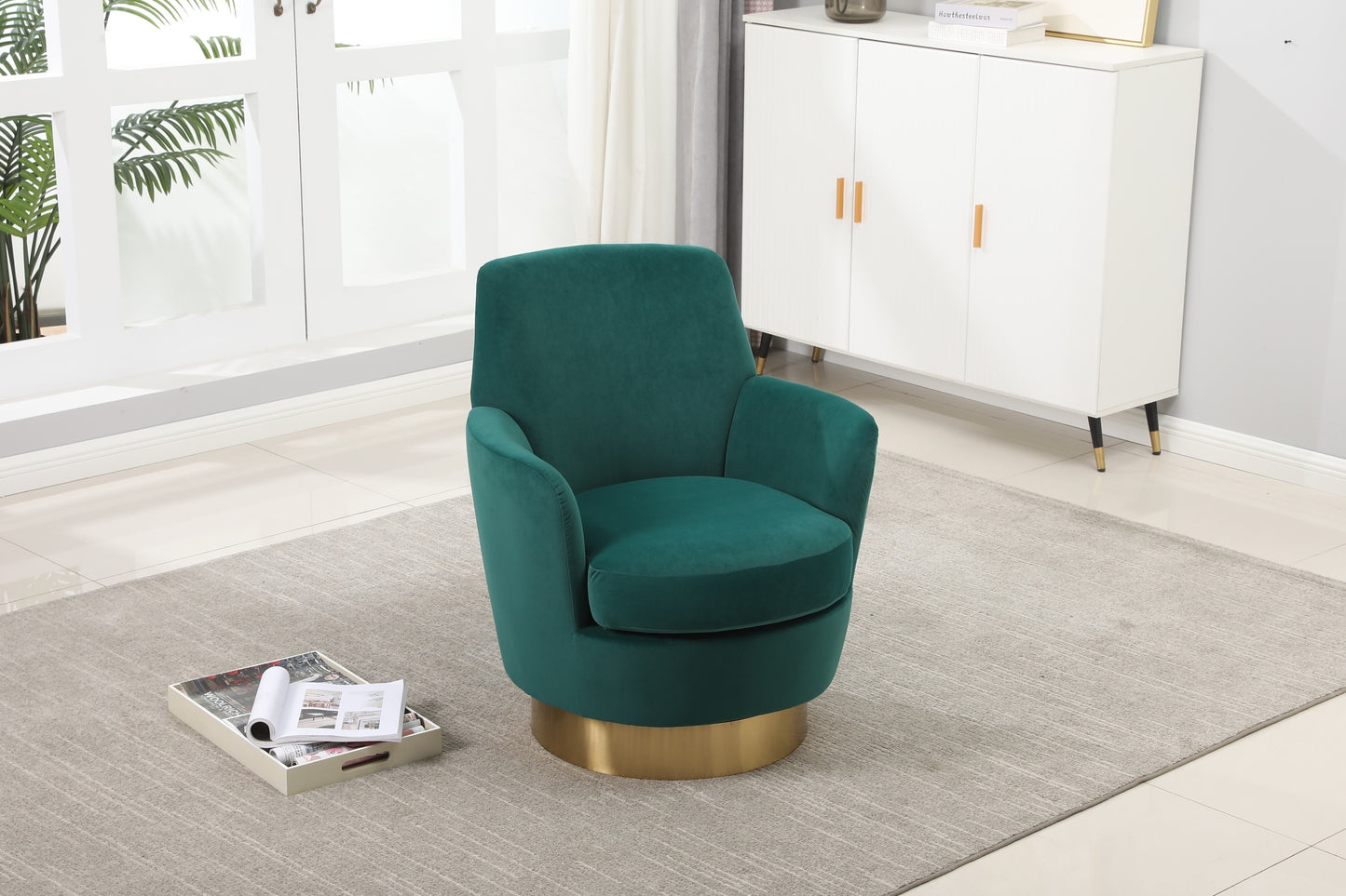 Velvet Swivel Barrel Chair, Swivel Accent Chairs Armchair for Living Room, Reading Chairs for Bedroom Comfy, Round Barrel Chairs with Gold Stainless Steel Base (Emerald)