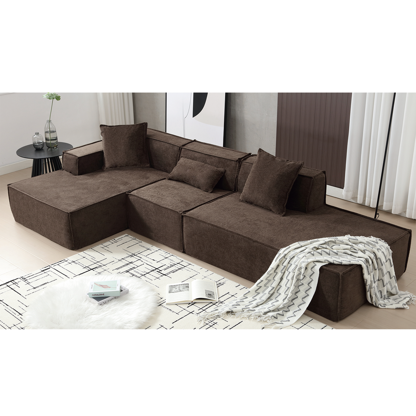 [VIDEO PROVIDED] Modular combination living room sofa set, modern minimalist sofa, free installation sofa, L-shaped, Italian minimalist tofu block sofa, Left-Hand Facing,Dark brown