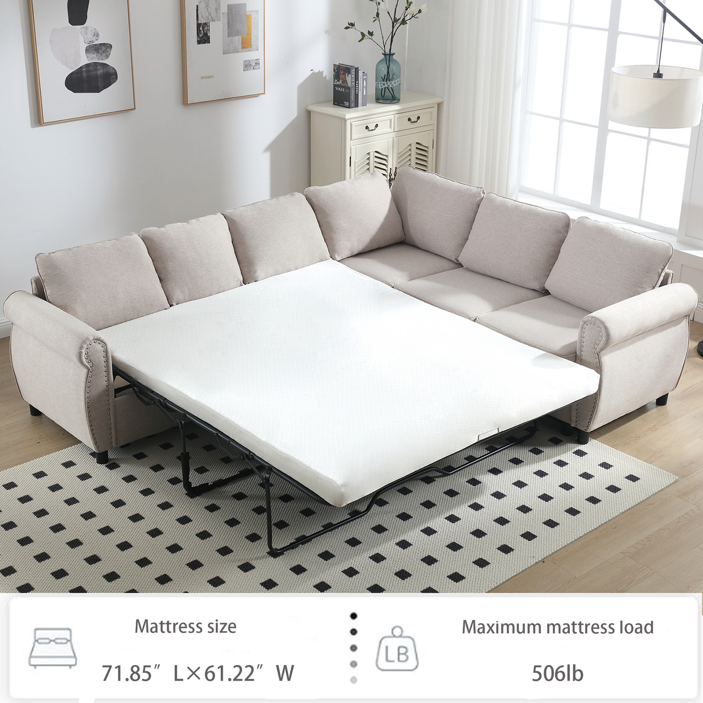 [NEW ARRIVED] [VIDEO PROVIDED] Sleeper Sofa, 2 in 1 Pull Out Couch Bed,6 seater sofa bed, L Shaped Sleeper Sectional Sofa Couch,Riveted sofa,104'' Large combined sofa Bed in living room, Beige