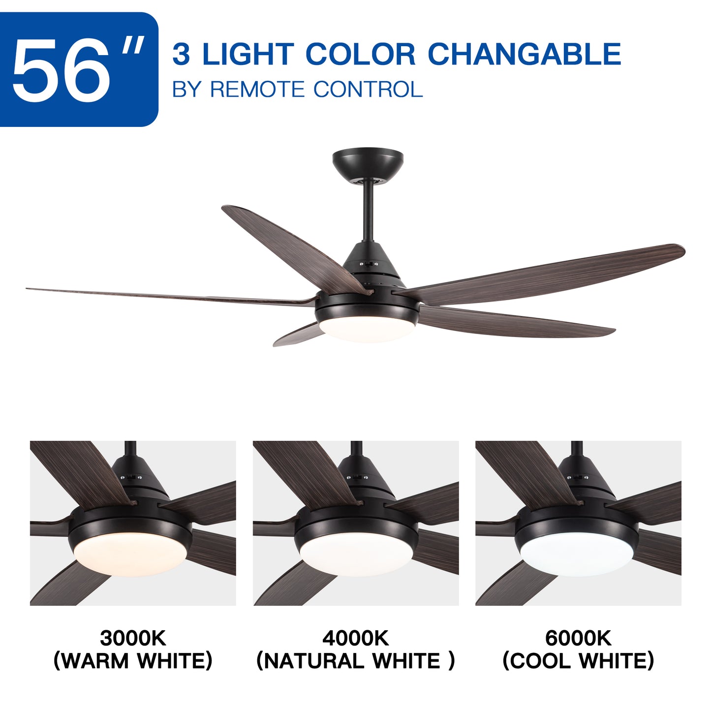 YUHAO 56 In Intergrated LED Ceiling Fan Lighting with Brown Wood Grain ABS Blade