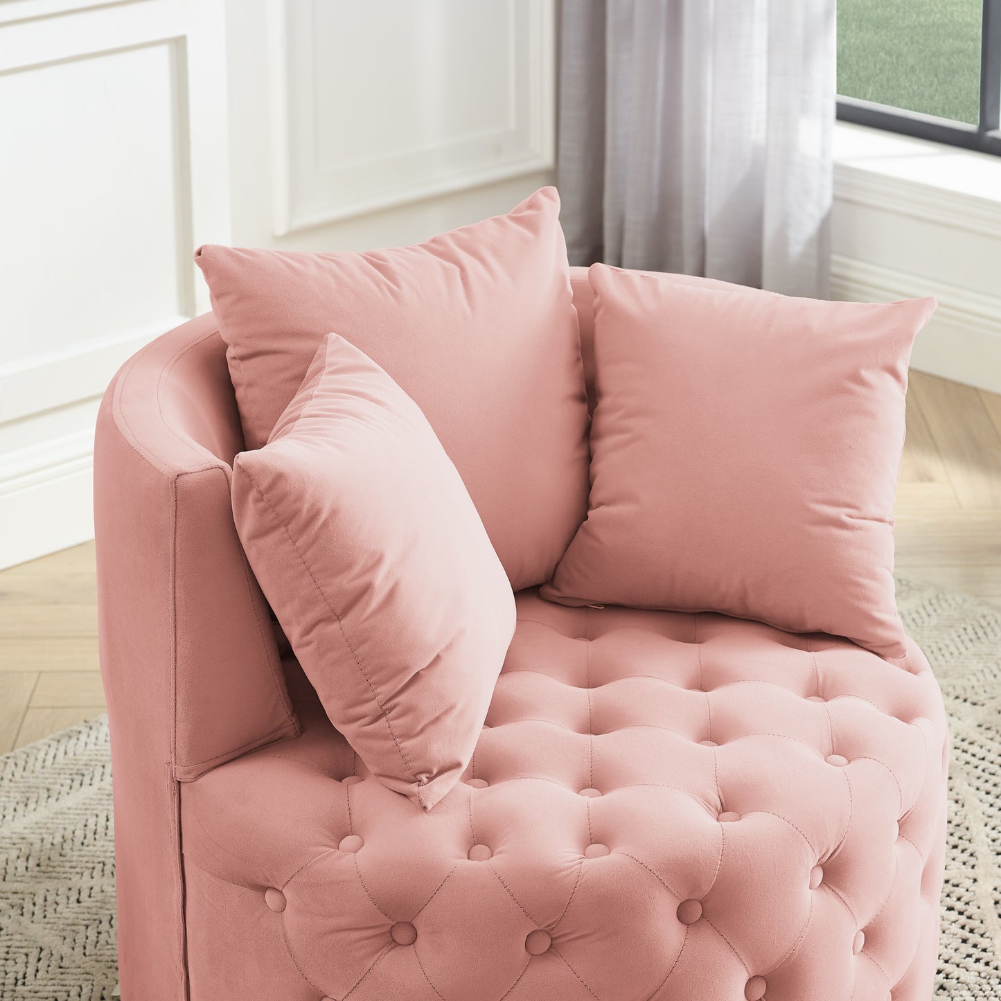 Silla giratoria tapizada en terciopelo para sala de estar, con diseño de botones y ruedas móviles, incluye 3 almohadas, rosa