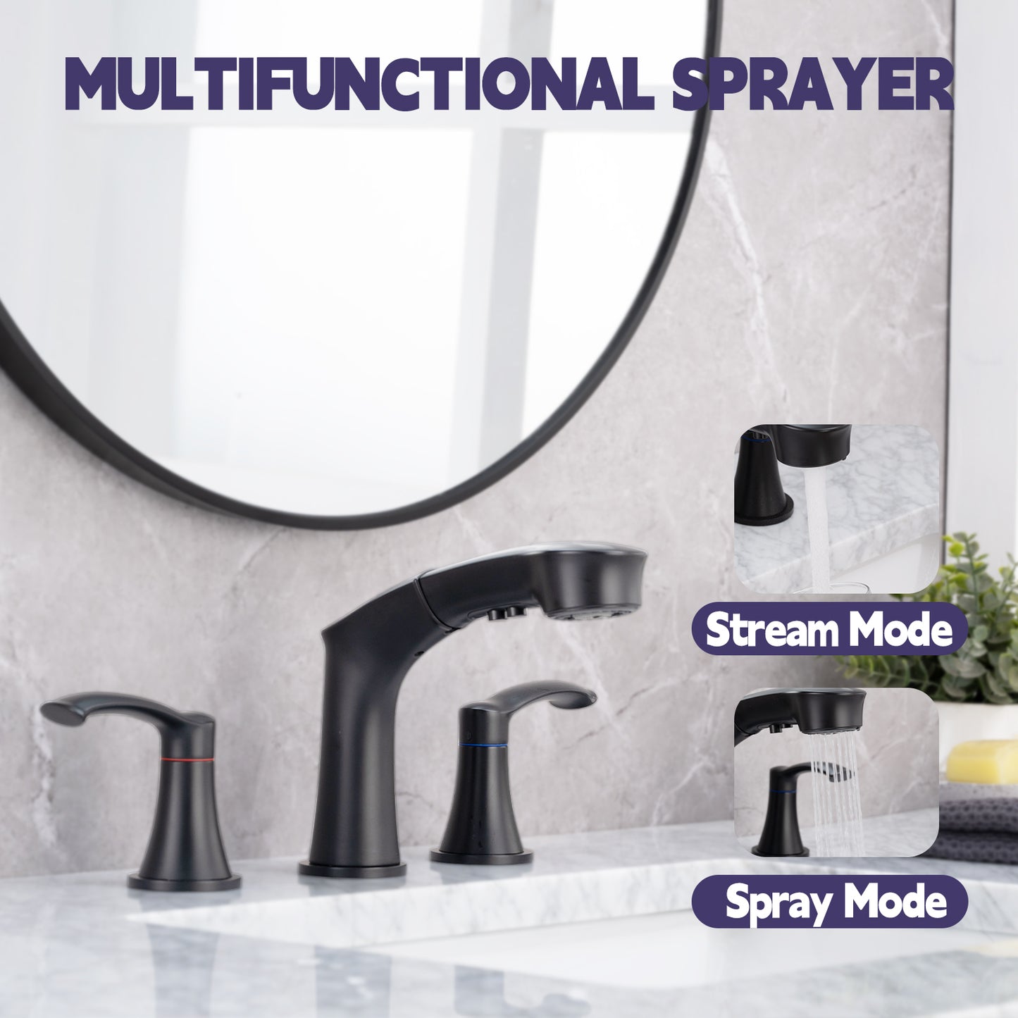 Widespread Pull Out Sprayer Bathroom Faucet, 2-handle Bathroom Sink Faucet