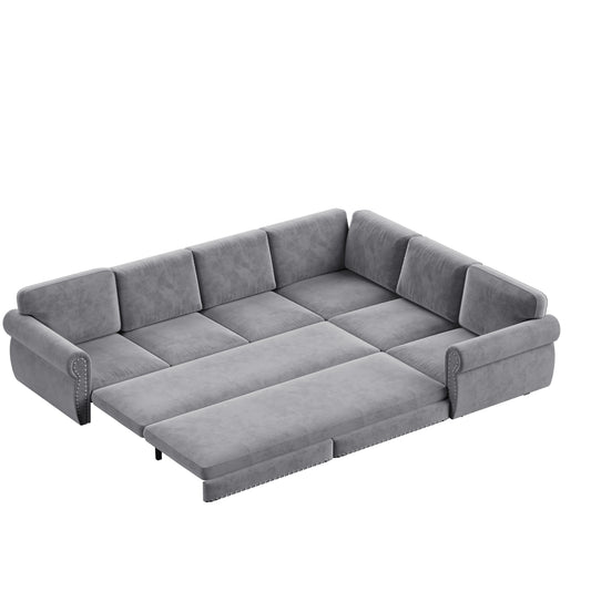 118 ' L-Shaped Sofa Couch with Pull-Out Bed, Oversize Convertible Sleeper Sofa with Nailhead Trim & Rolled Arm, Chenille Upholstered Sectional Couches, for Living Room, Apartment, Office, Light Grey