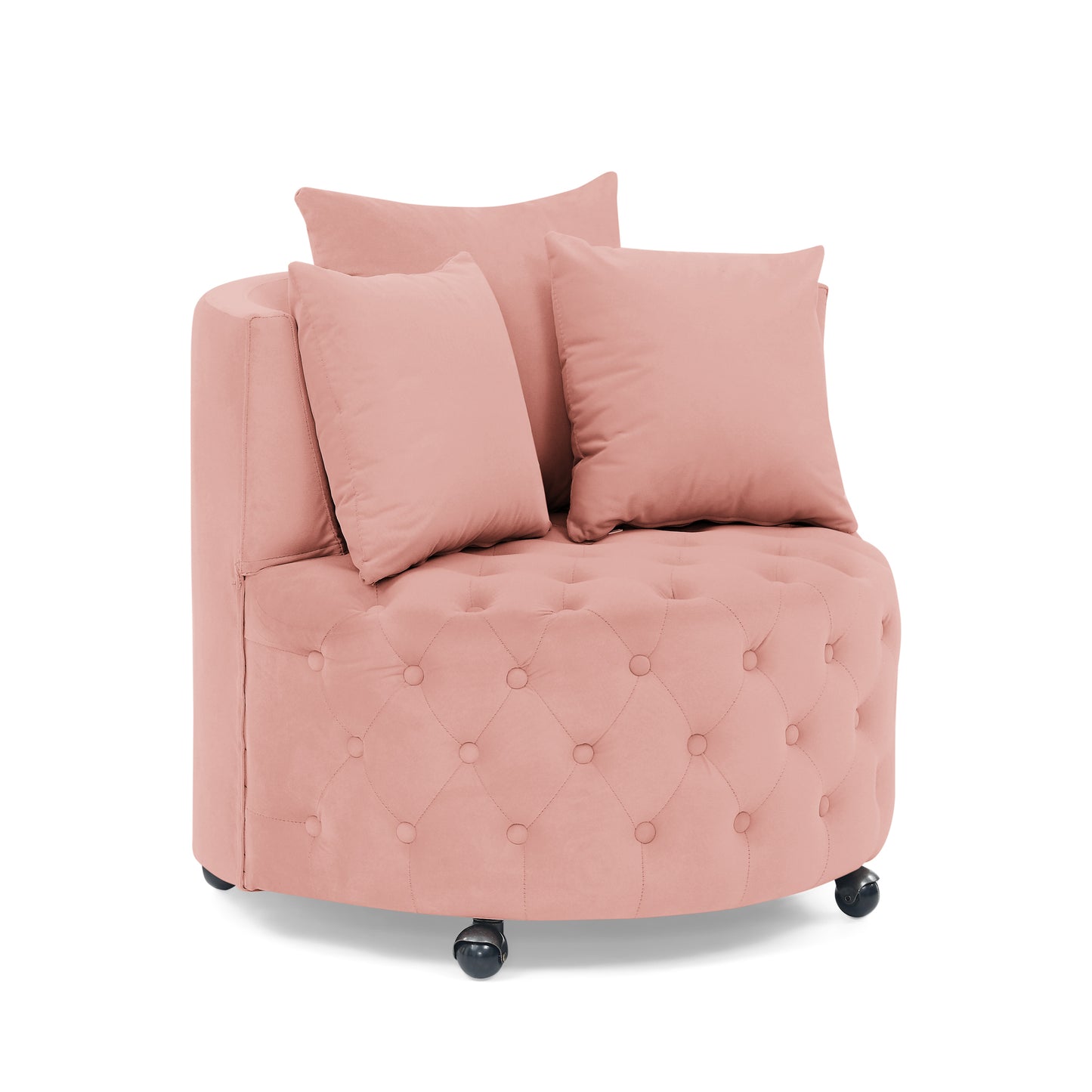 Silla giratoria tapizada en terciopelo para sala de estar, con diseño de botones y ruedas móviles, incluye 3 almohadas, rosa