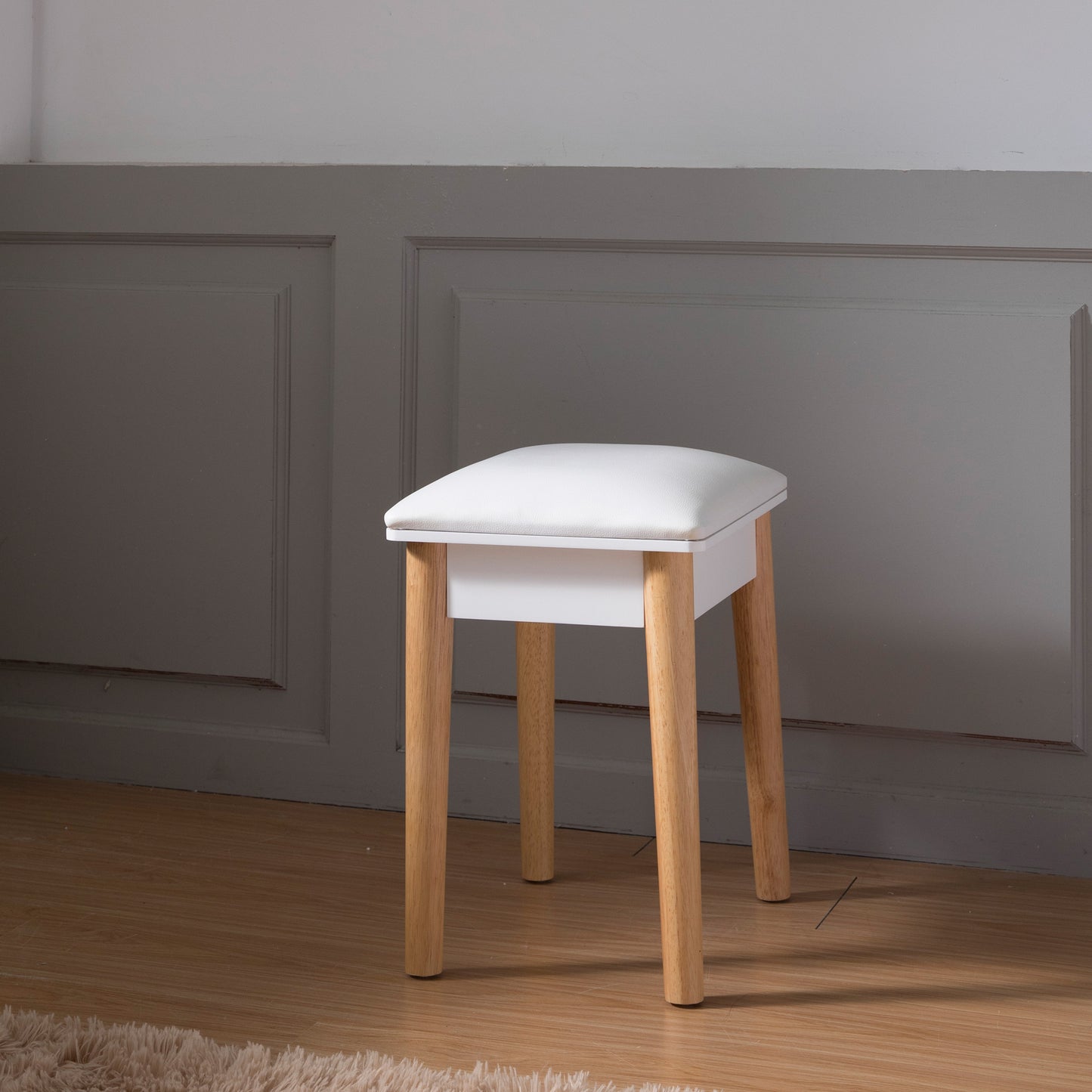 Taburete de tocador de madera, taburete de maquillaje con asiento de PU, blanco